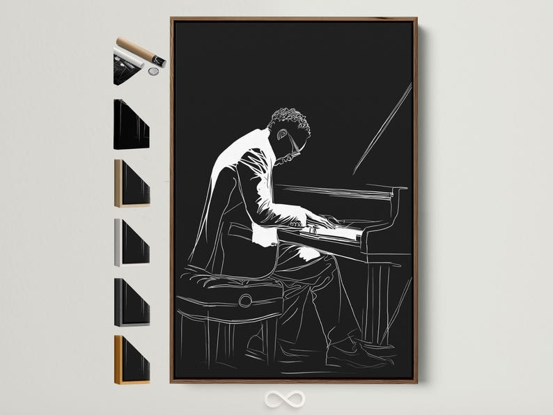 Black and white line drawing of a pianist playing an upright piano