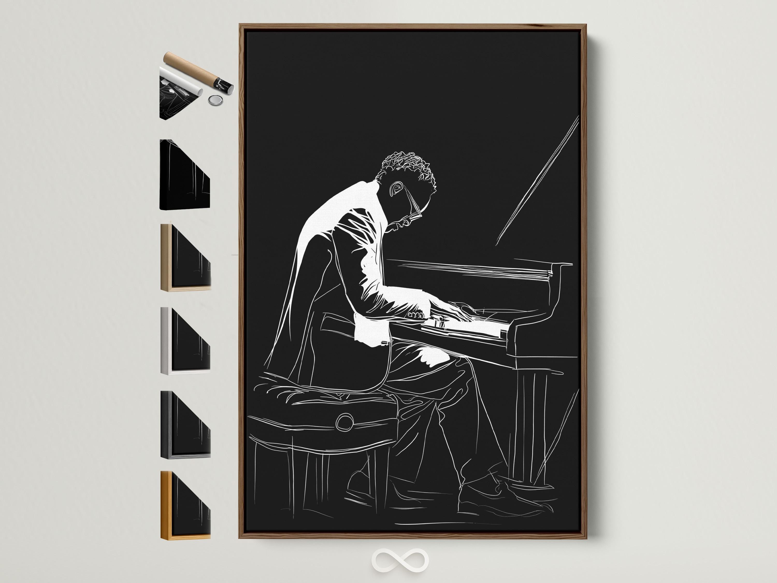 Black and white line drawing of a pianist playing an upright piano