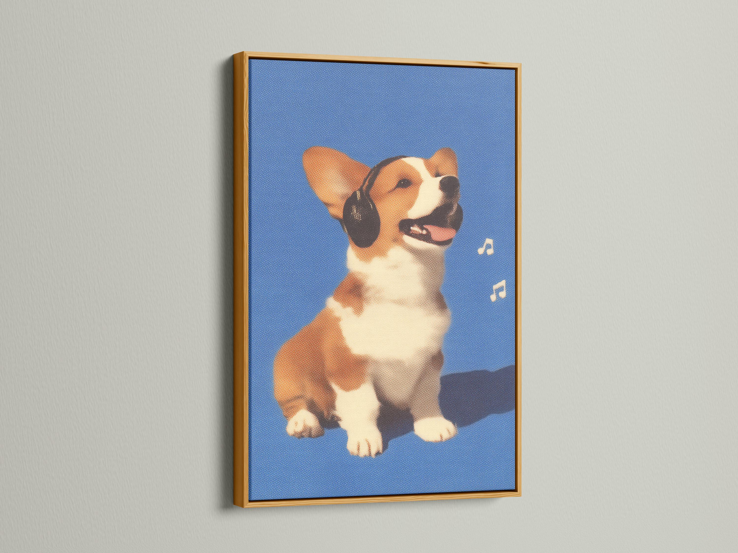 A stylised corgi dog portrait sits against a speckled blue background, wearing large headphones and shown smiling with small musical notes nearby