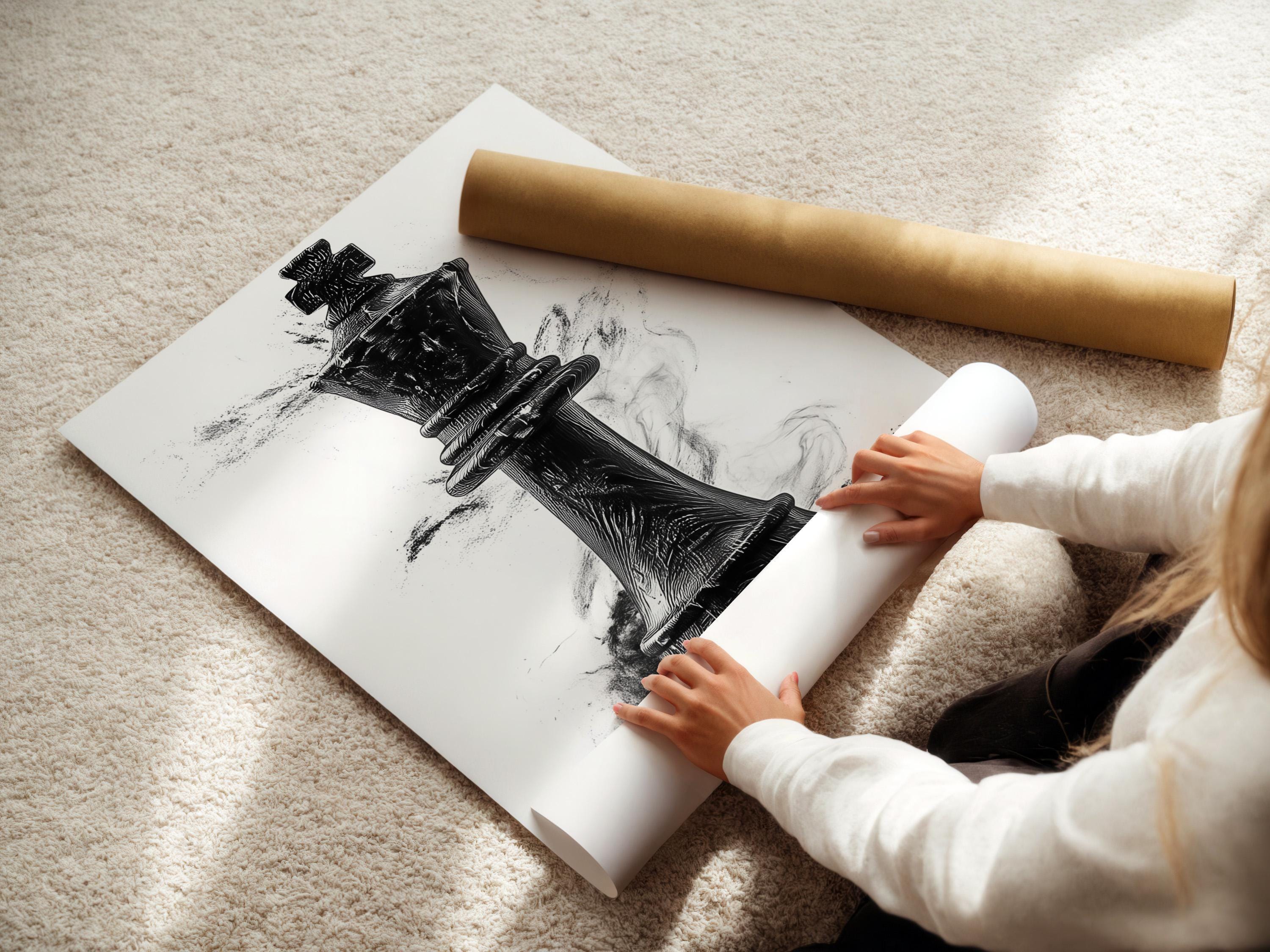 Black and white illustration of an upright chess piece with grey ink splatter marks detail view