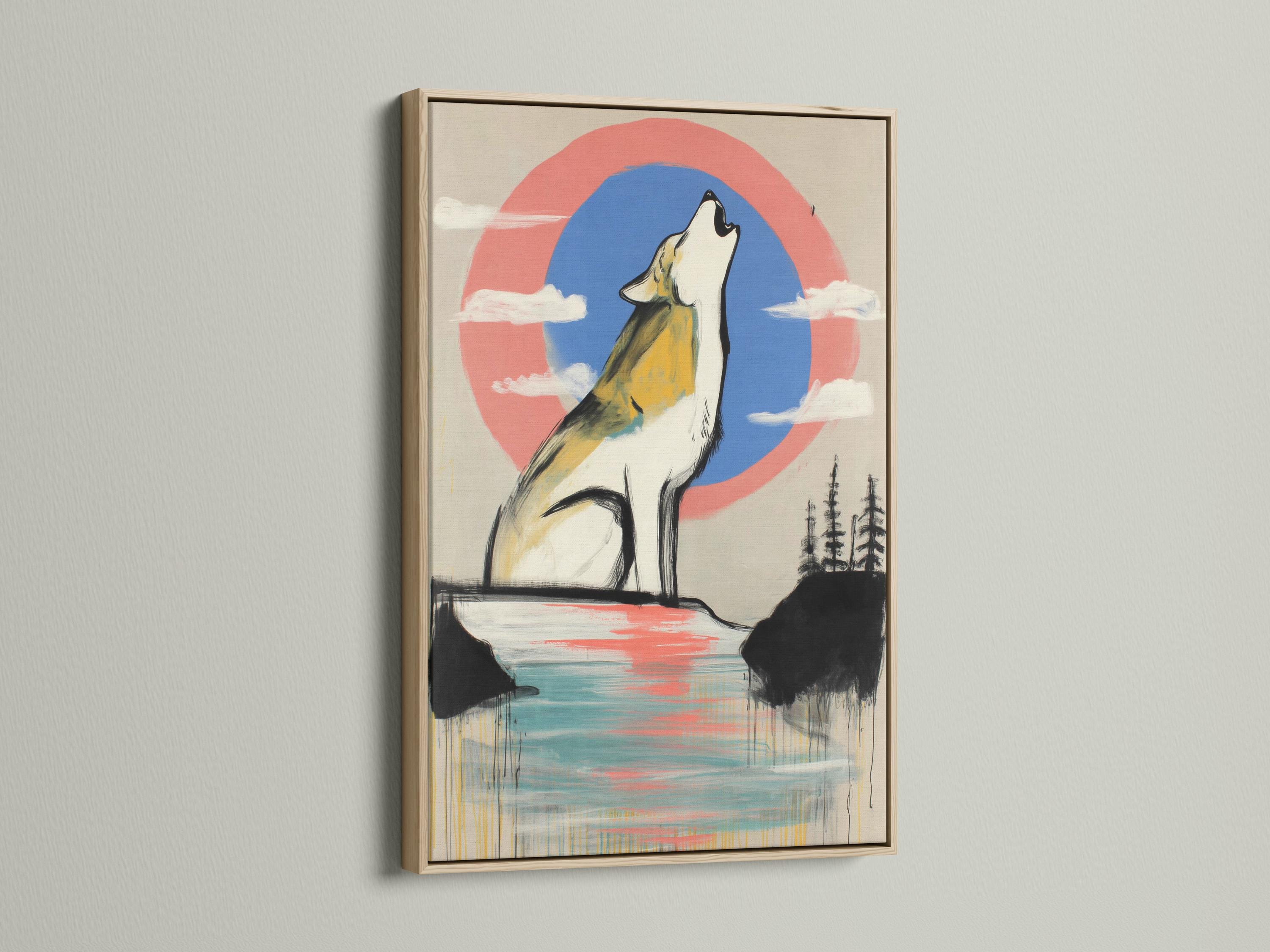 Stylised howling wolf in white and yellow with coral and blue sky circle and reflective lake detail view
