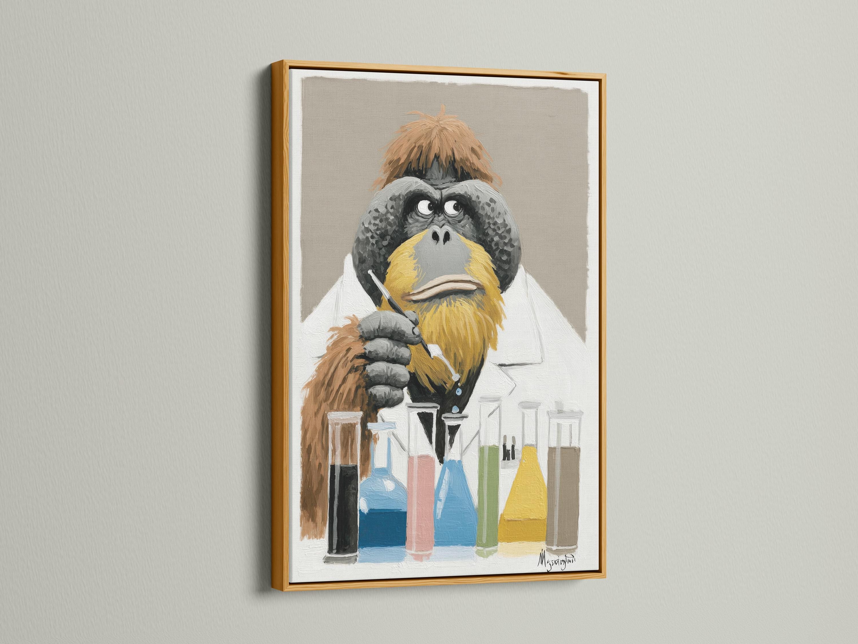 Painterly ape scientist in a white lab coat holding a marker-like tool with colourful lab bottles and beakers below detail view
