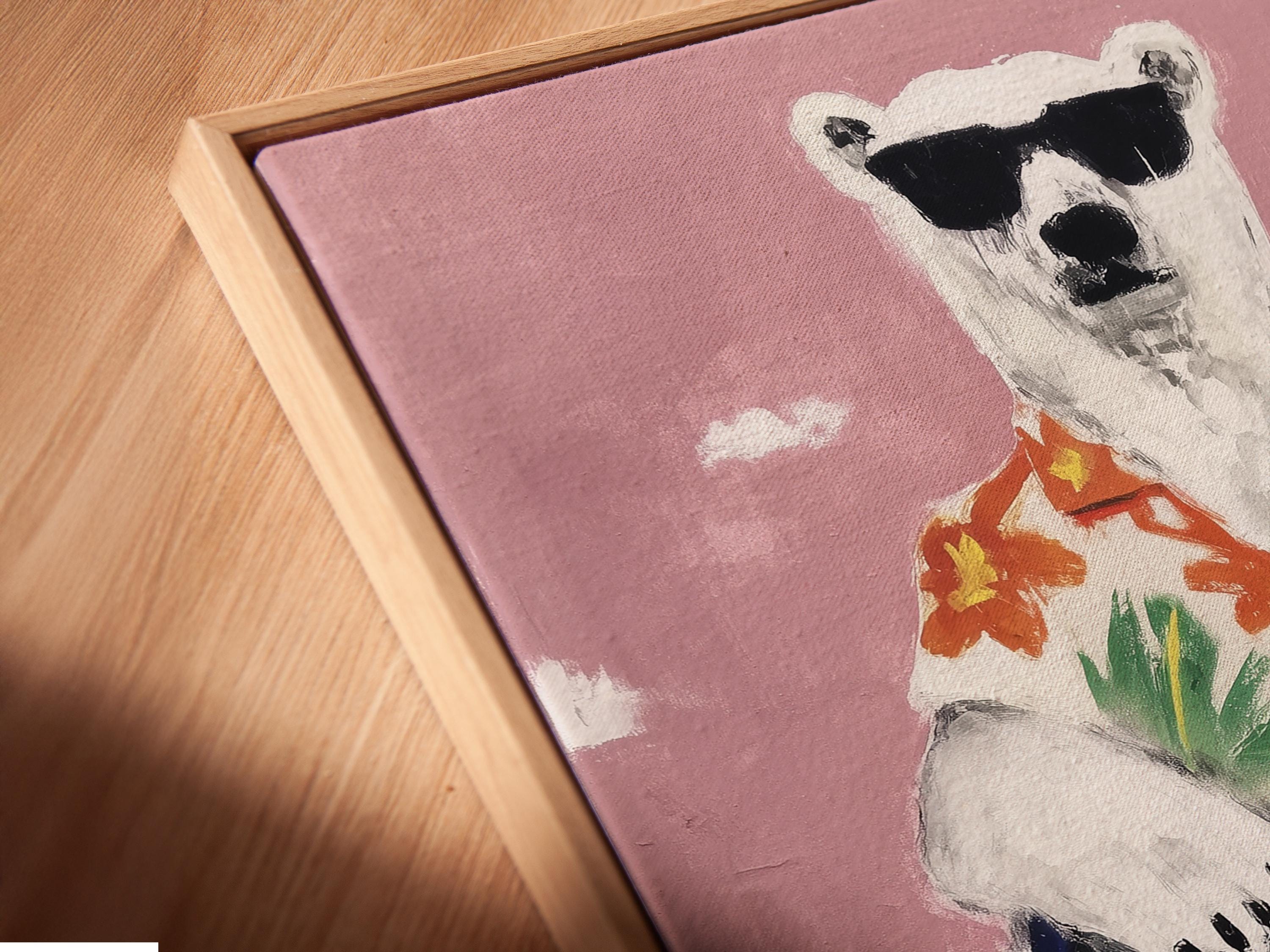 Stylised polar bear with a tropical shirt, standing against a blush pink background detail view