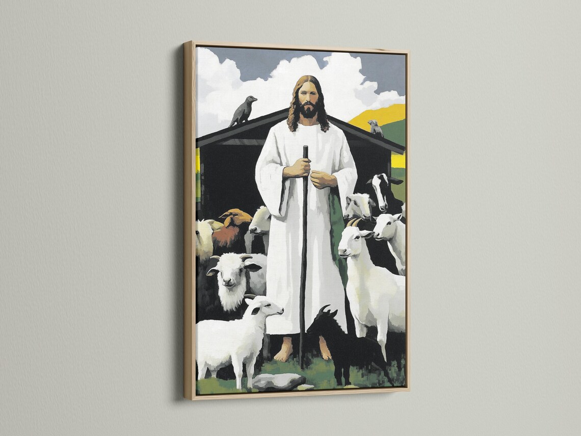 Painterly religious scene with haloed shepherd figure in white robes holding a staff and surrounded by sheep detail view
