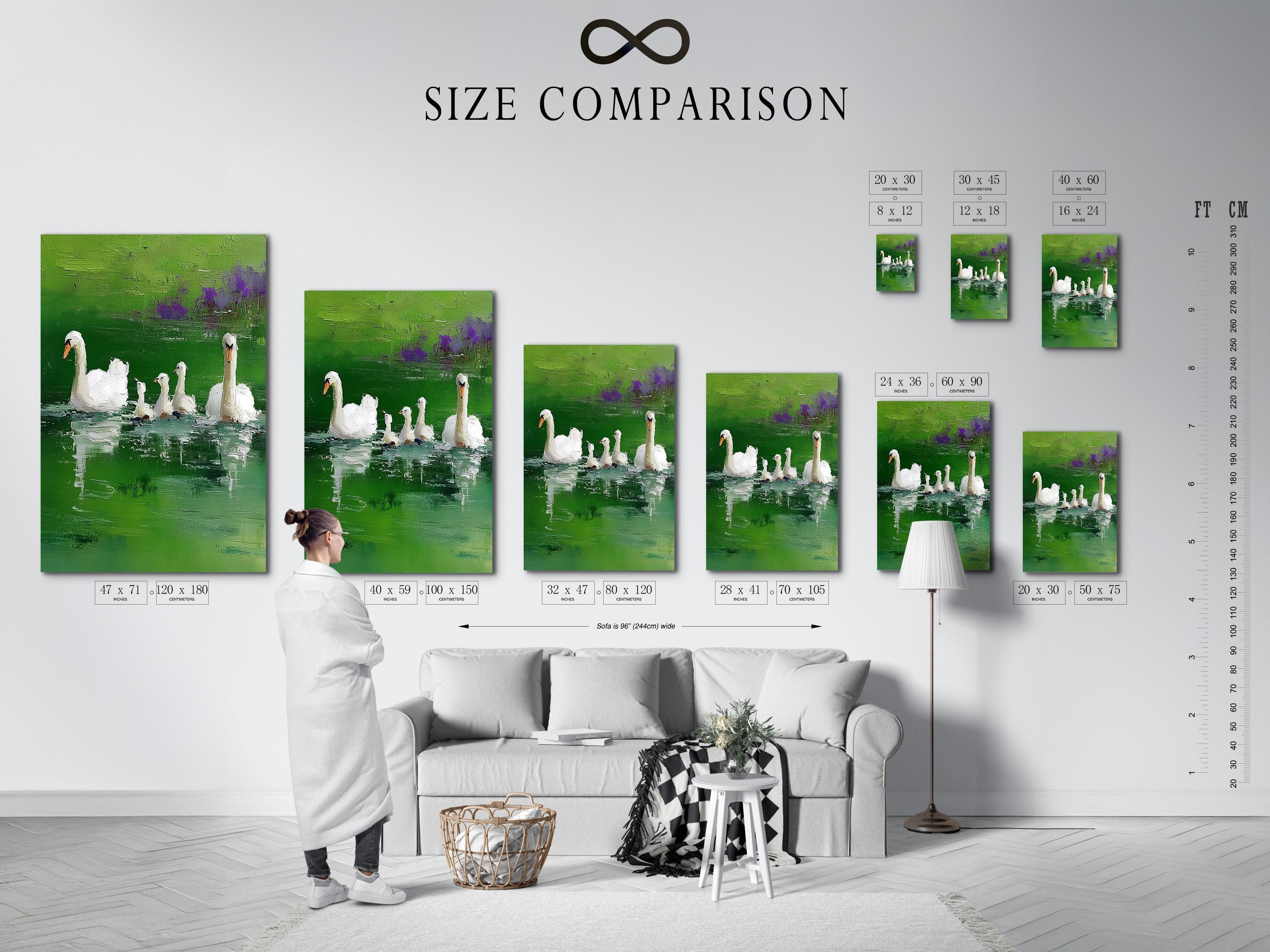 Room mockup with a framed green lake swan painting on a wall