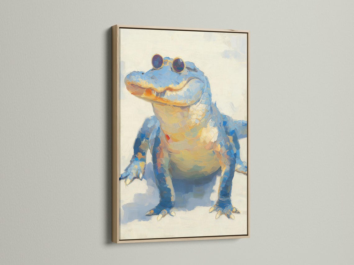 Blue alligator illustration wearing round sunglasses on a cream textured background detail view