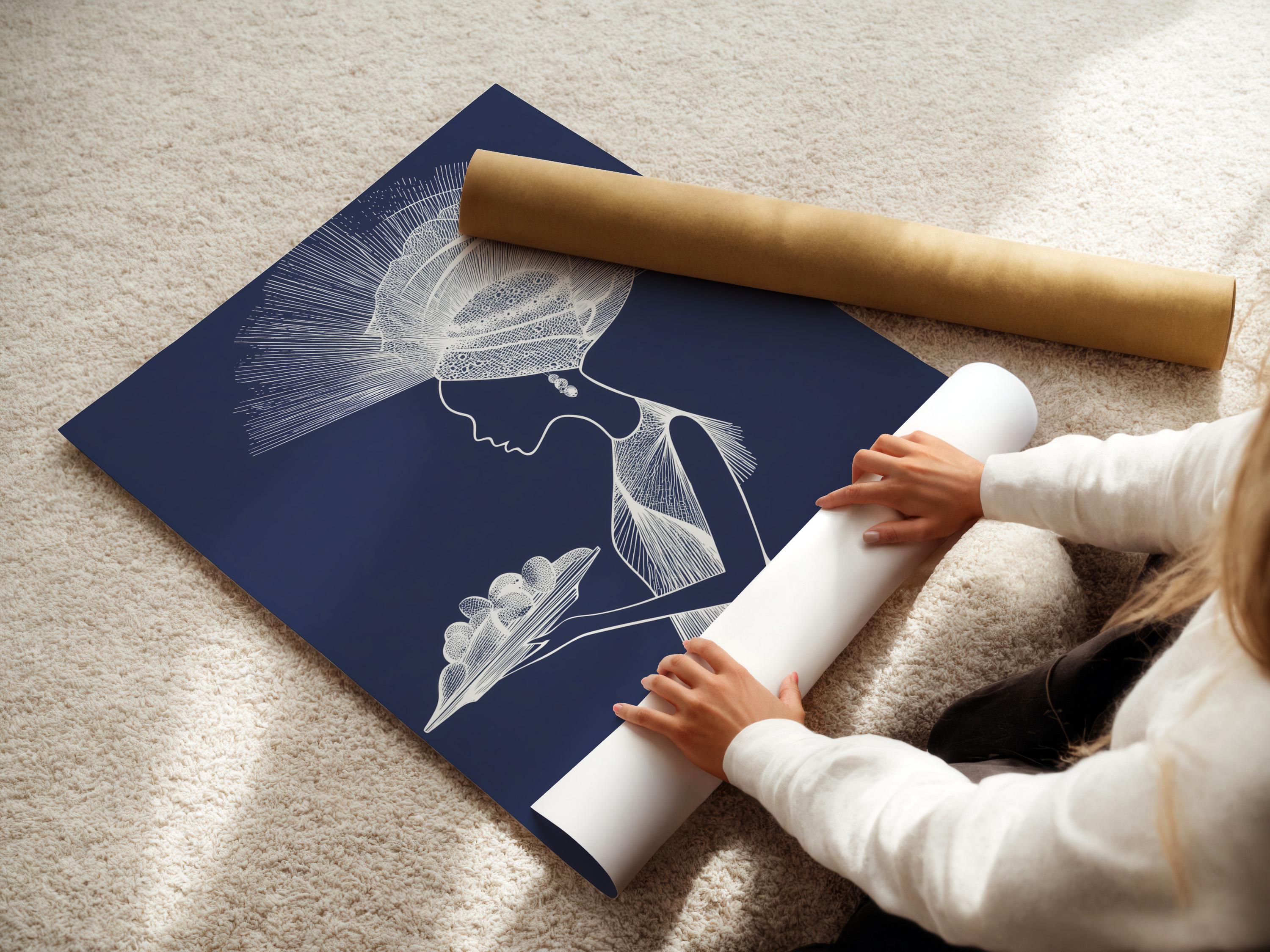 Minimalist white line portrait of a woman in profile on a navy blue background with radiating halo strokes detail view