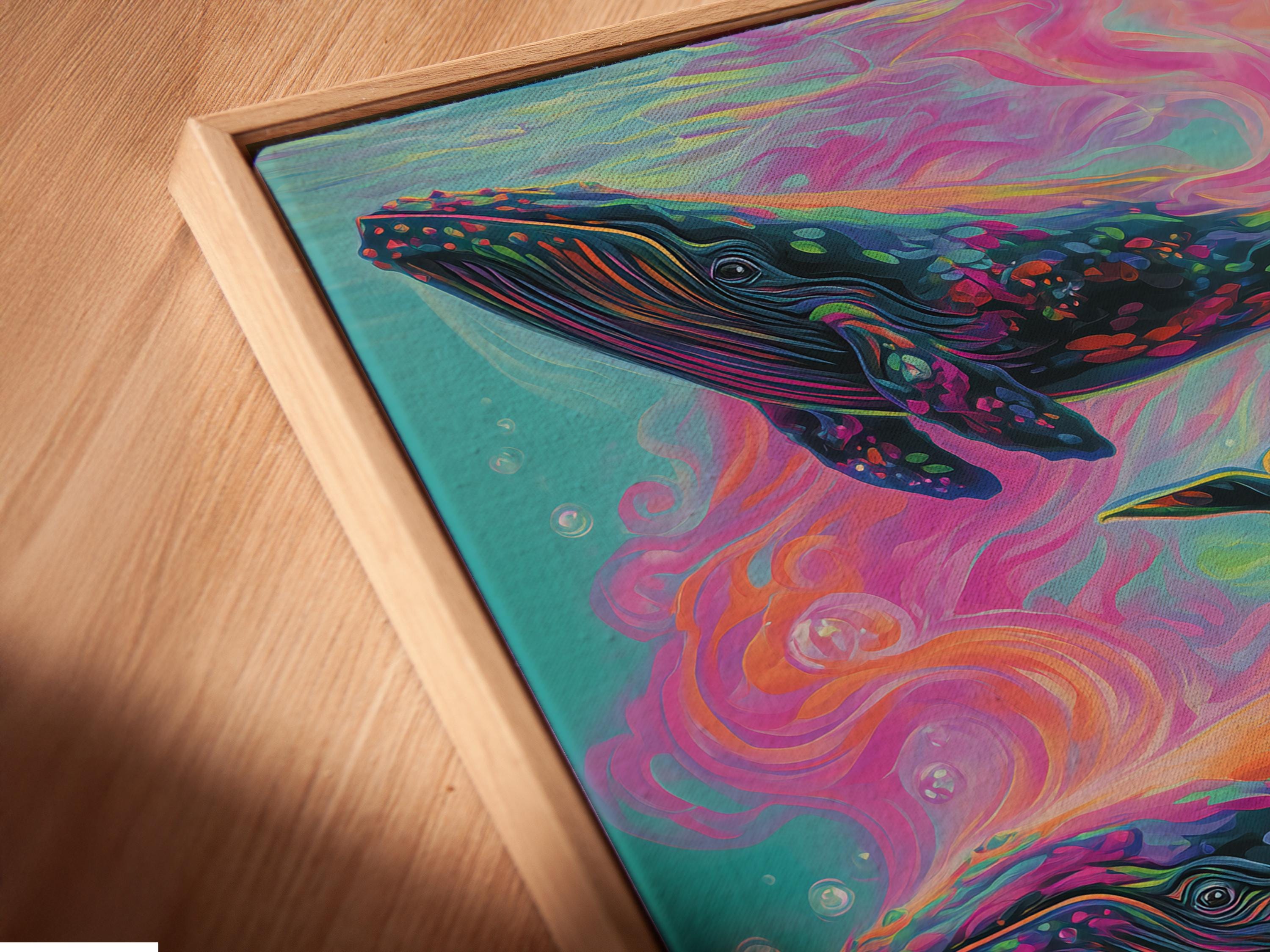 Three stylised whales swimming in a psychedelic teal, pink and yellow underwater scene detail view