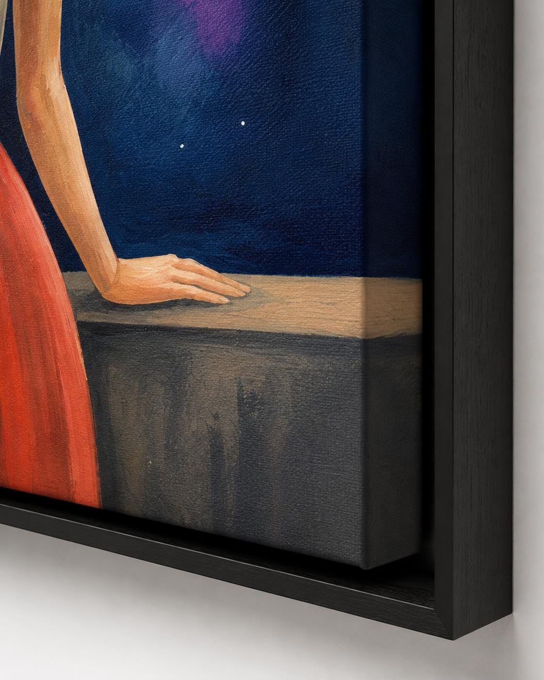 Three framed abstract female portrait artworks displayed on a wall