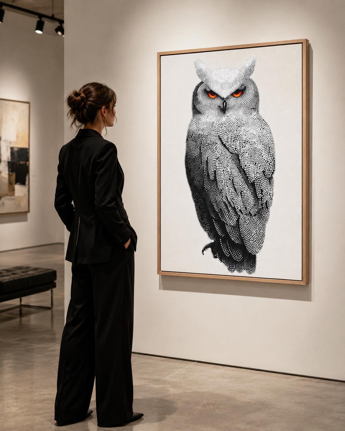 Dotted owl artwork in black and white with bright red-orange eyes detail view