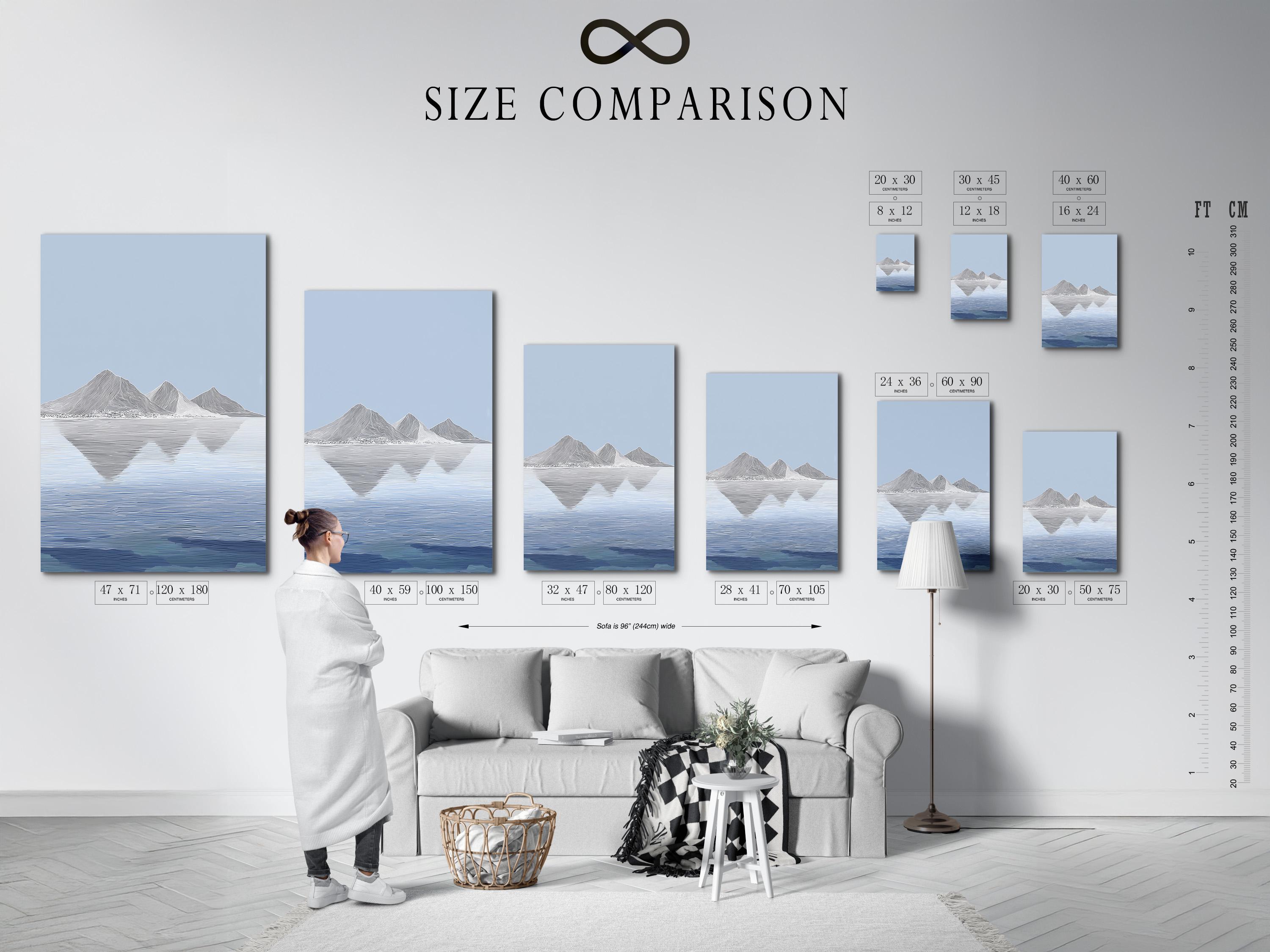 Wall mockup showing a framed blue minimalist mountain reflection landscape artwork