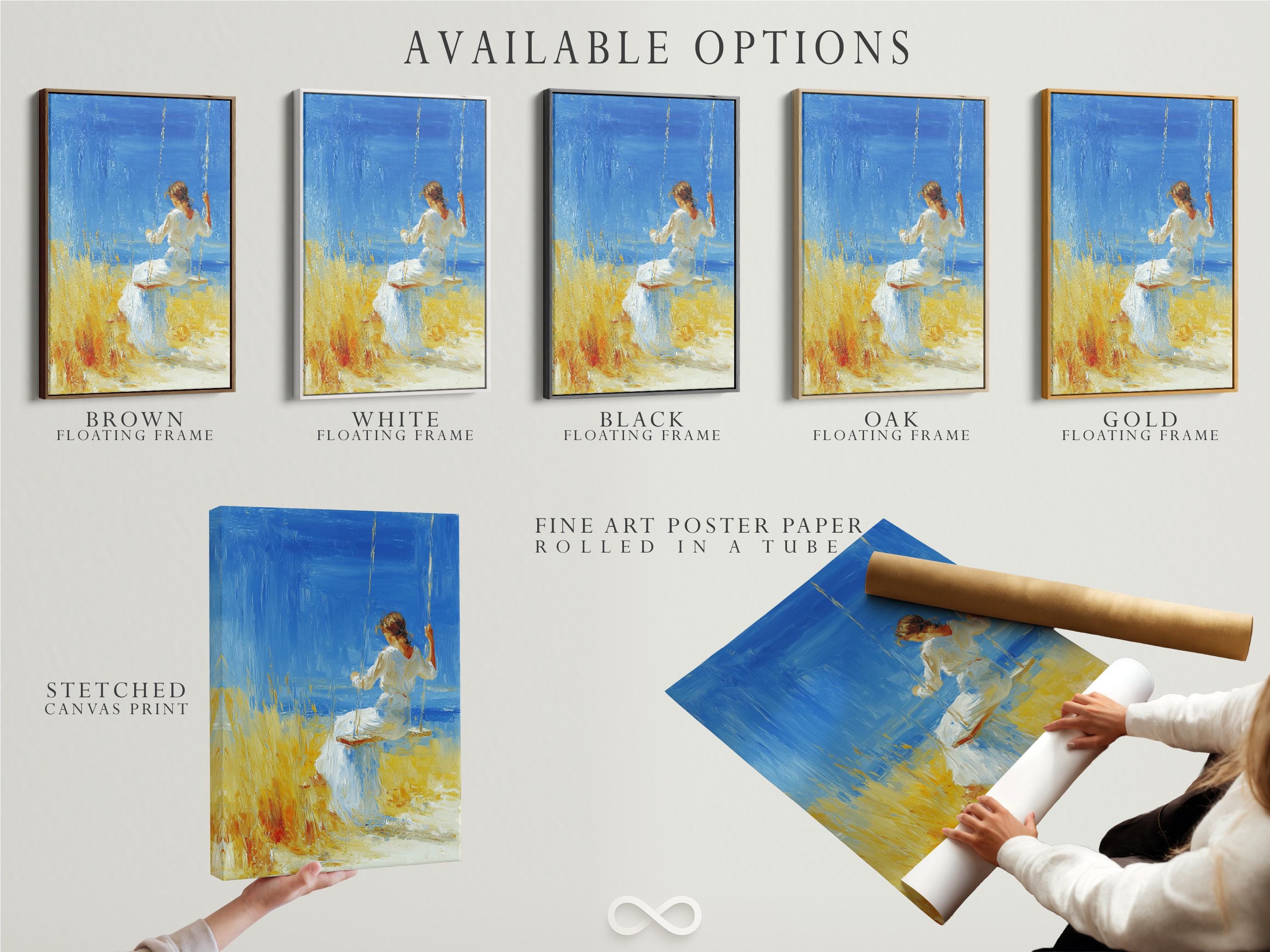 Framed artwork featuring a woman on a swing against a bright blue sky, with yellow grass