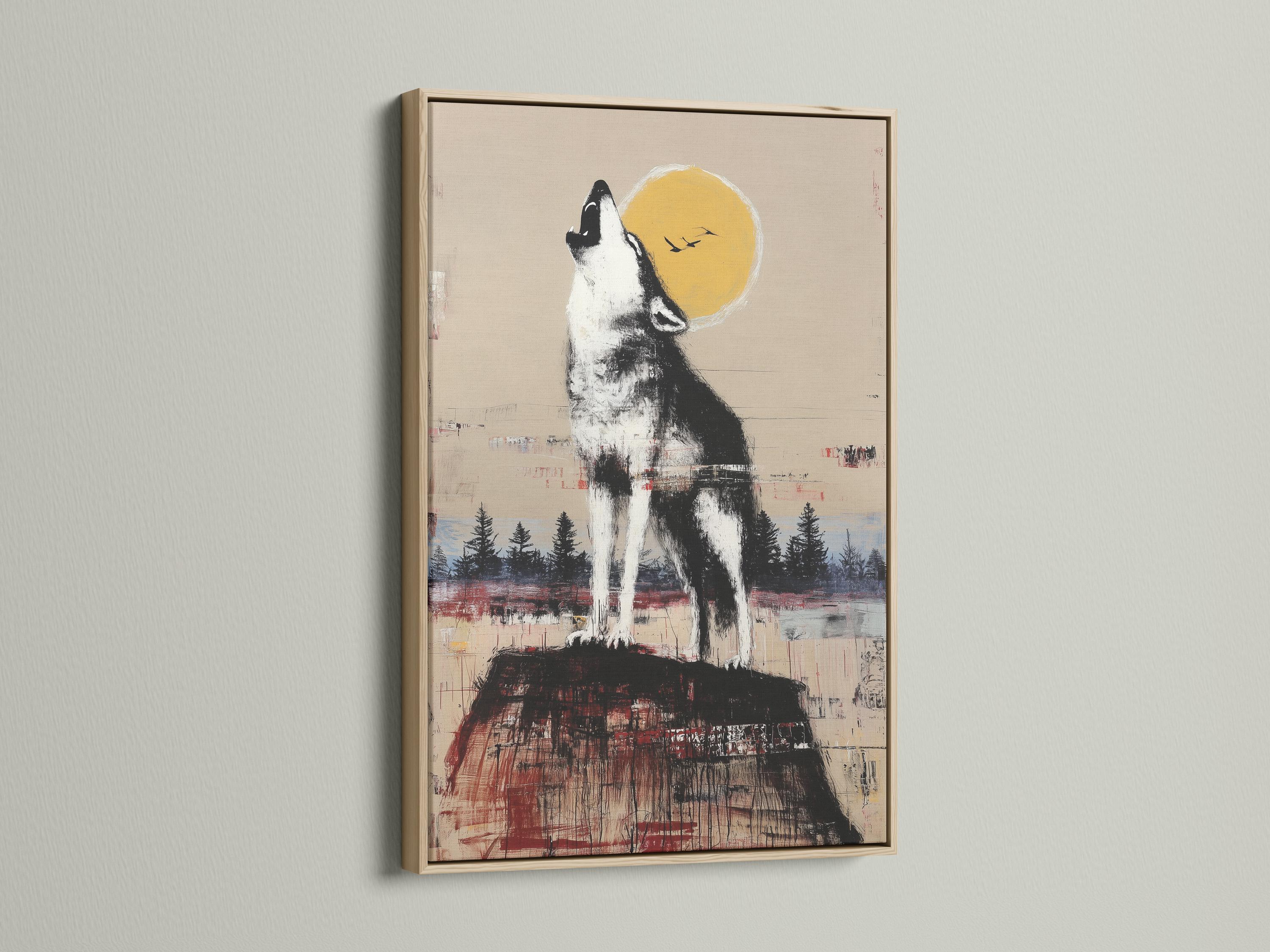 Black and white howling wolf beneath a warm yellow moon with a forest landscape detail view