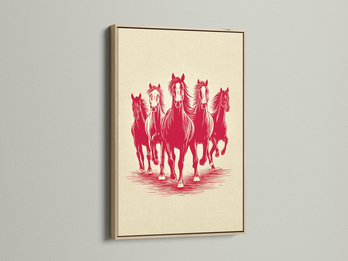 Red silhouette of four running horses on a cream background with striped ground detail view