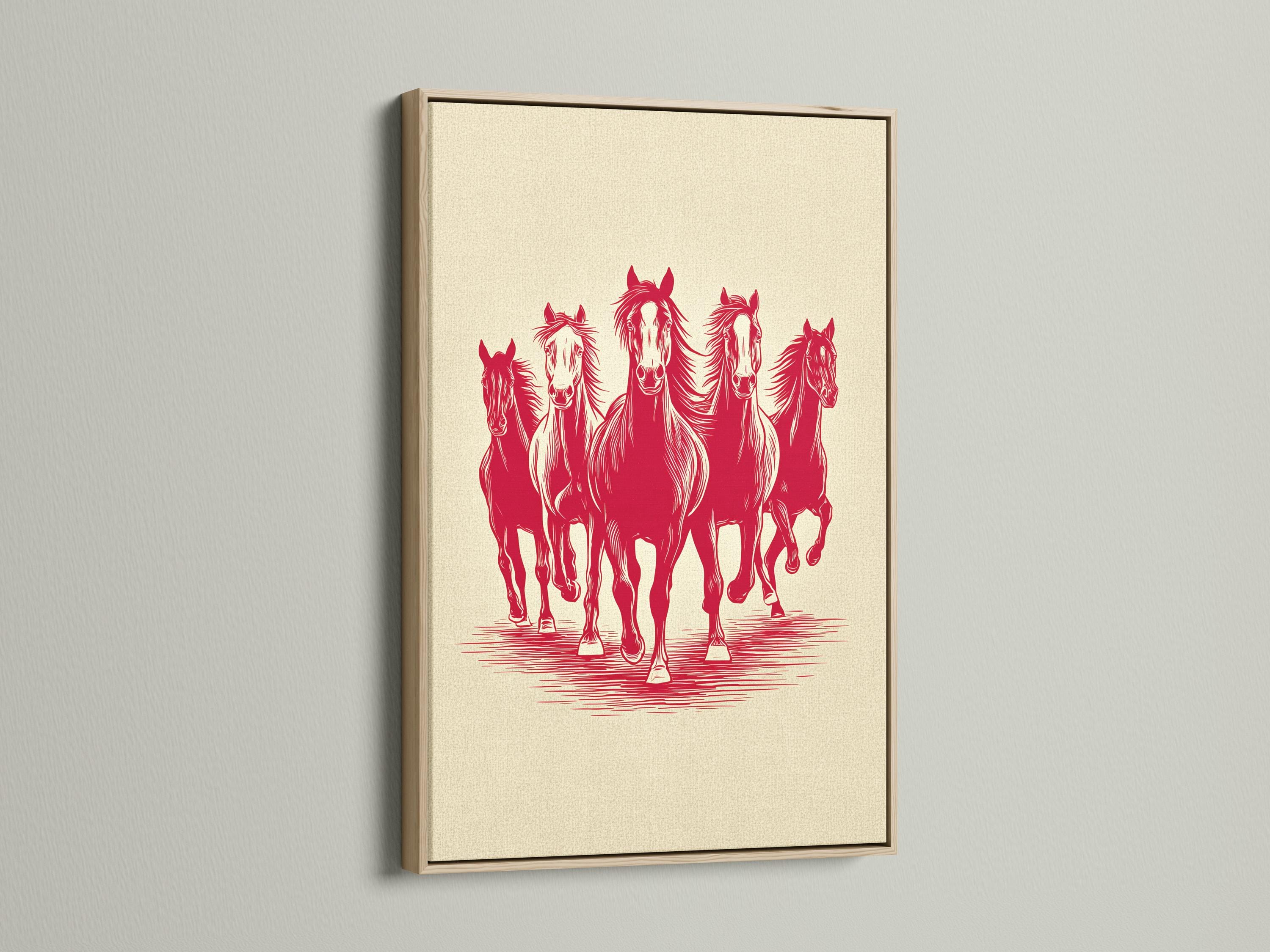 Red silhouette of four running horses on a cream background with striped ground detail view