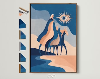 Modern Abstract Horse Art - Blue Terracotta Canvas Print, Boho Equestrian Wall Art for Bedroom Decor