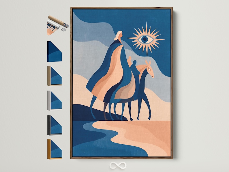 Stylised horse artwork in blue and peach with a sunburst eye motif