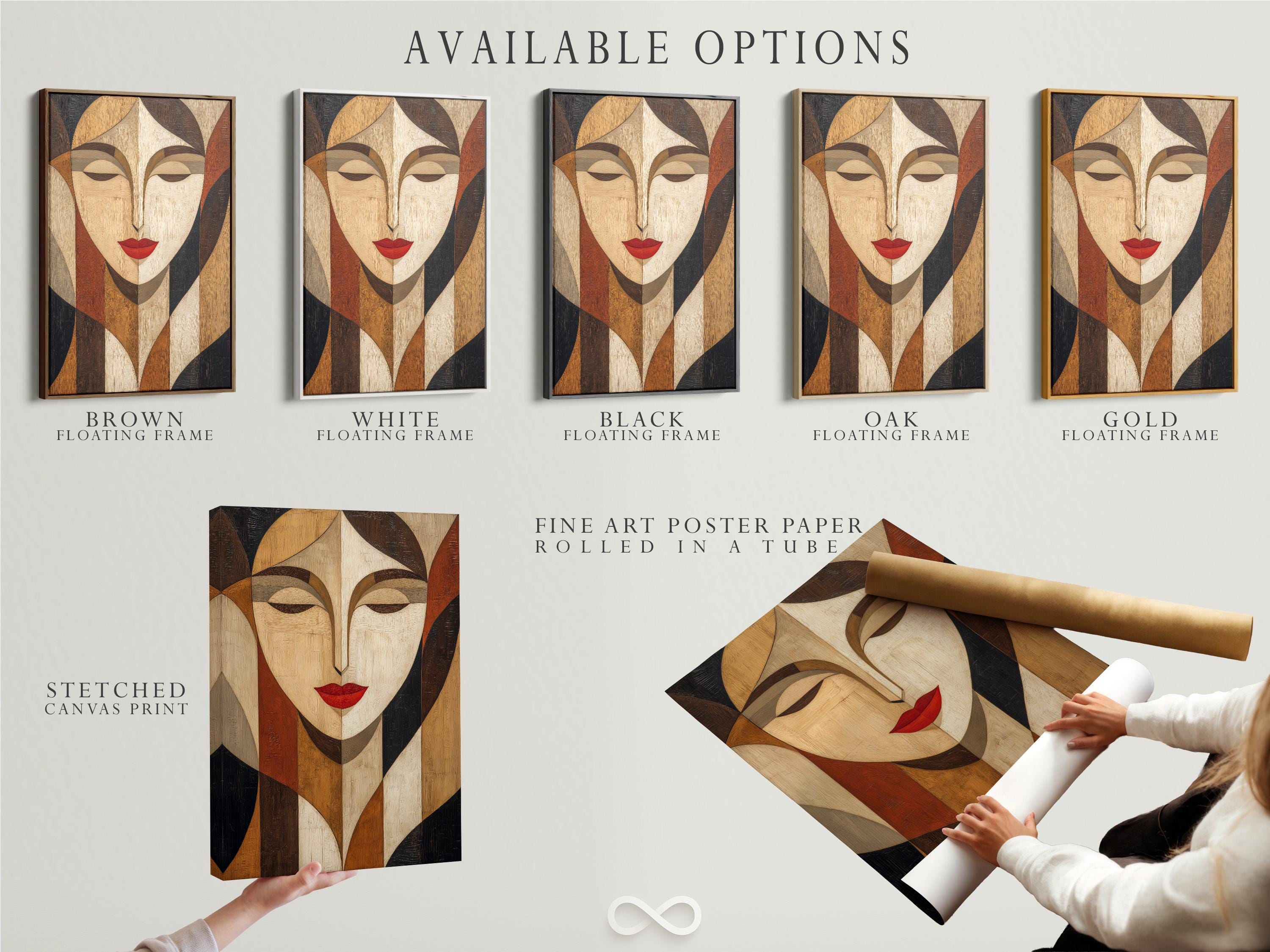 Room mockup showing abstract geometric woman portrait artwork