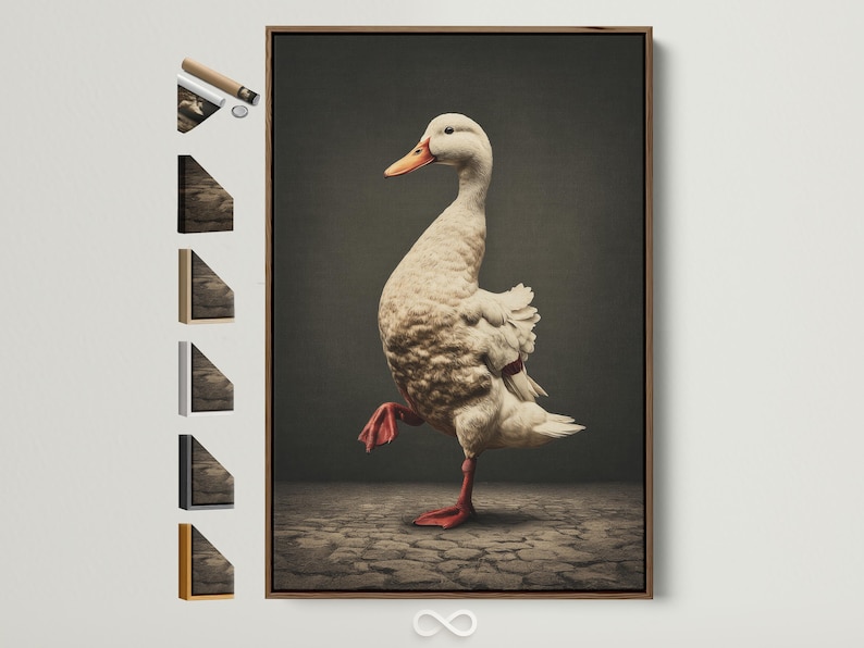 Vintage duck illustration in cream and rust red-orange standing on cobblestone-like ground against a dark background