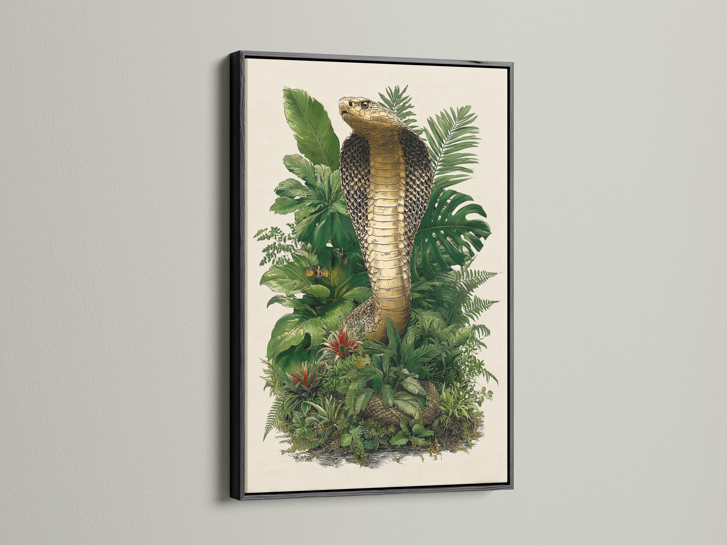 Coiled snake with patterned scales surrounded by dense green jungle leaves and small red flower accents detail view