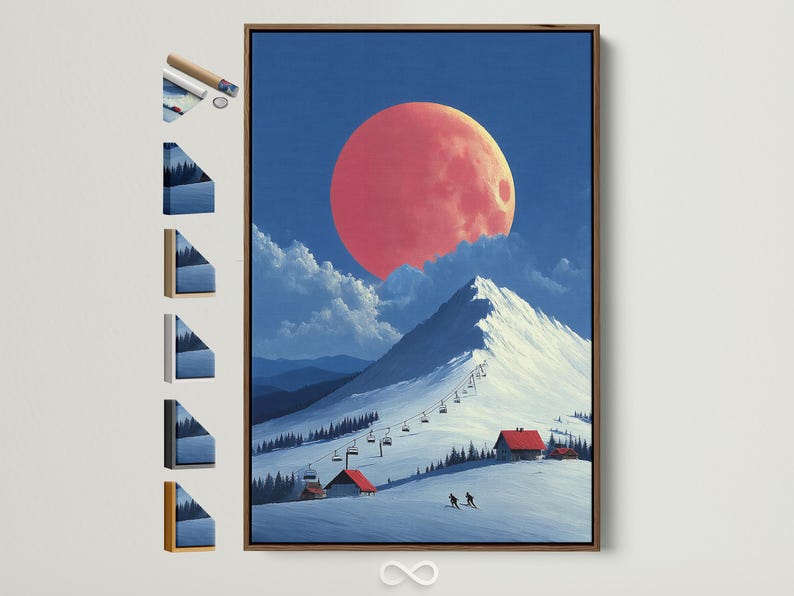 A snowy mountain landscape is shown under a large red-orange moon, with blue slopes, clouds, a ski lift line, and small skiers below