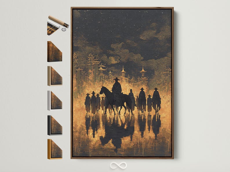 Cowboy riders on horseback in dark silhouettes with a black and gold skyline backdrop