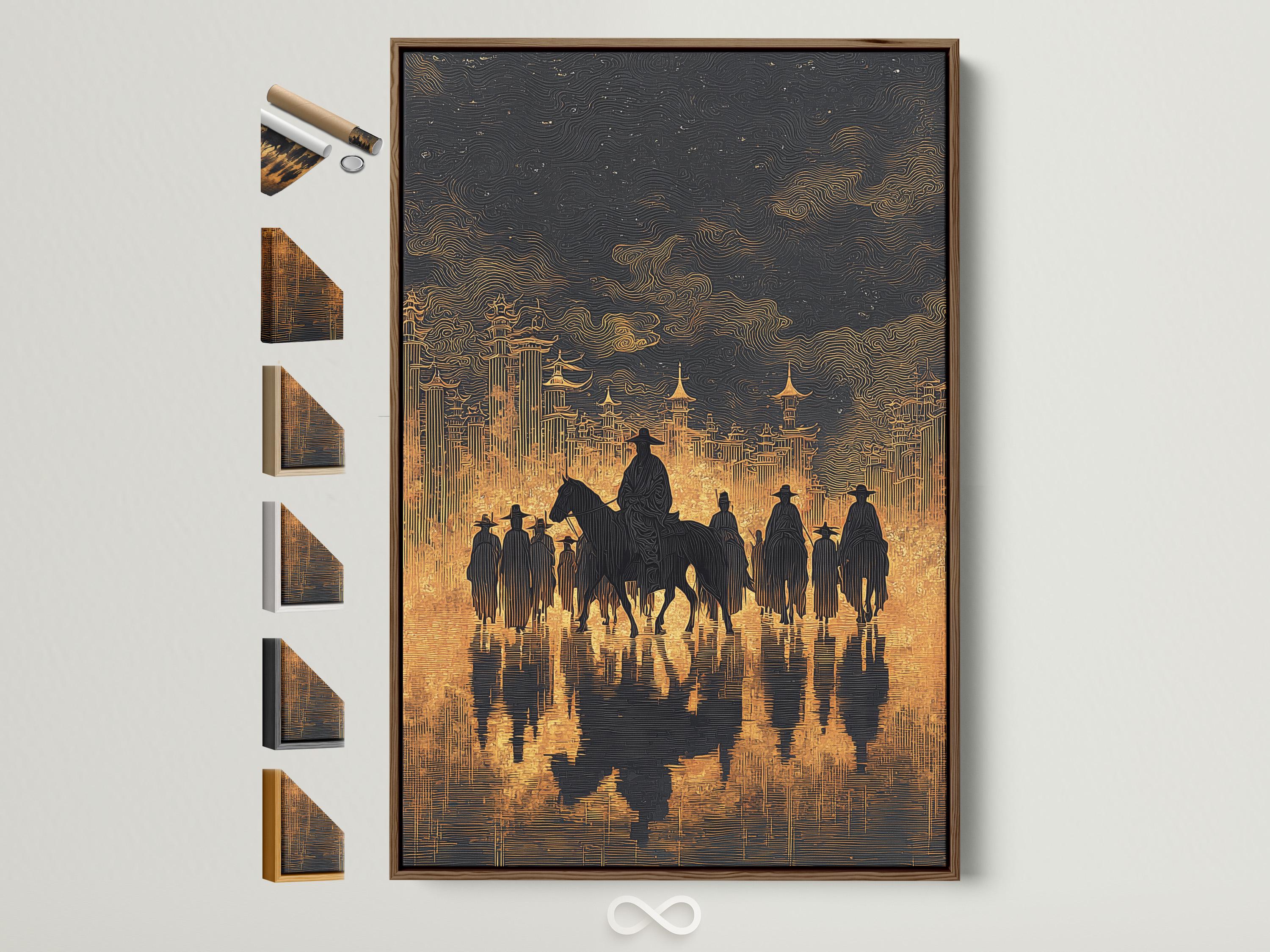 Cowboy riders on horseback in dark silhouettes with a black and gold skyline backdrop