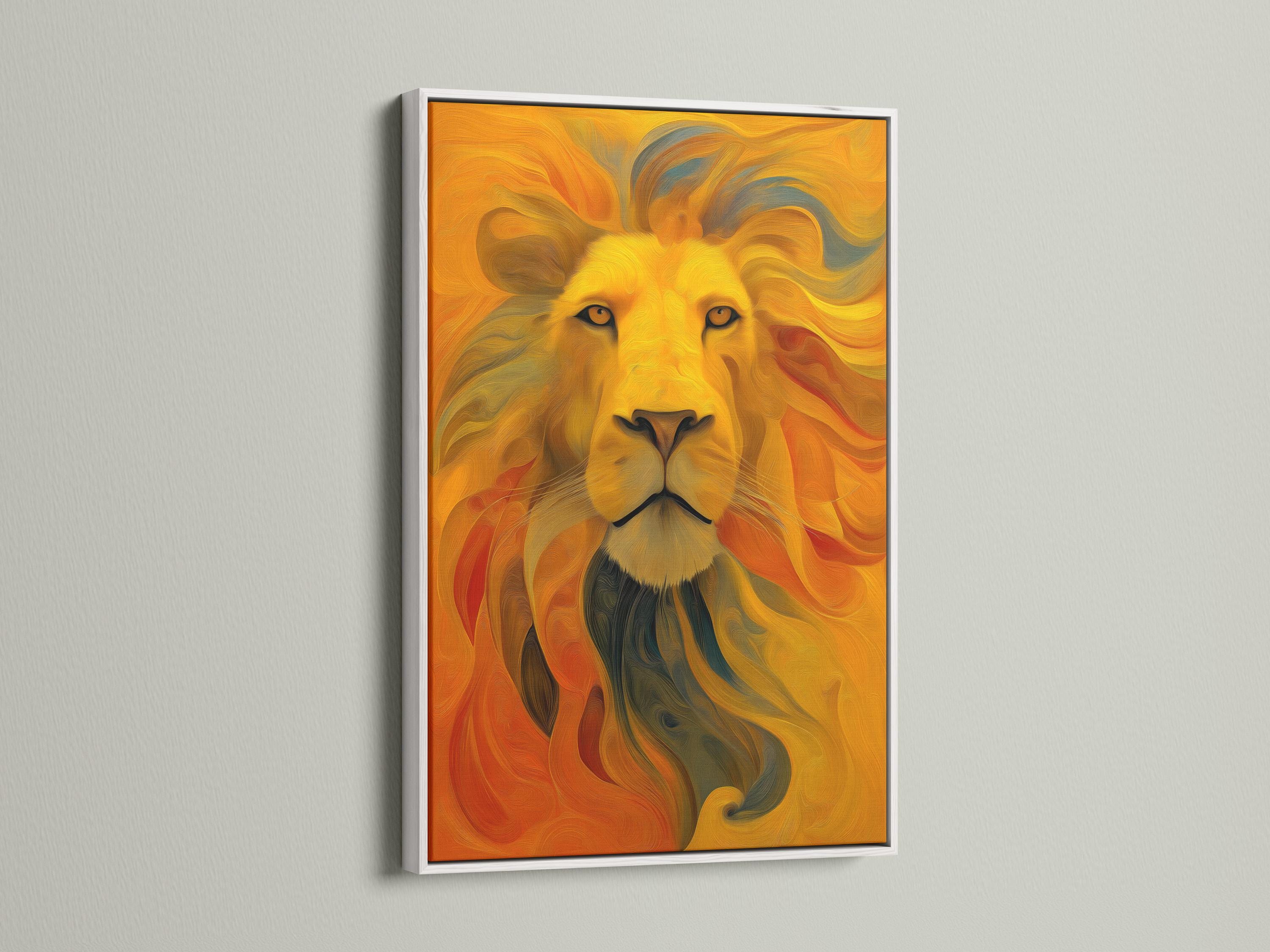 Stylised lion portrait with warm gold and orange swirls, teal tones, and dark eyes detail view