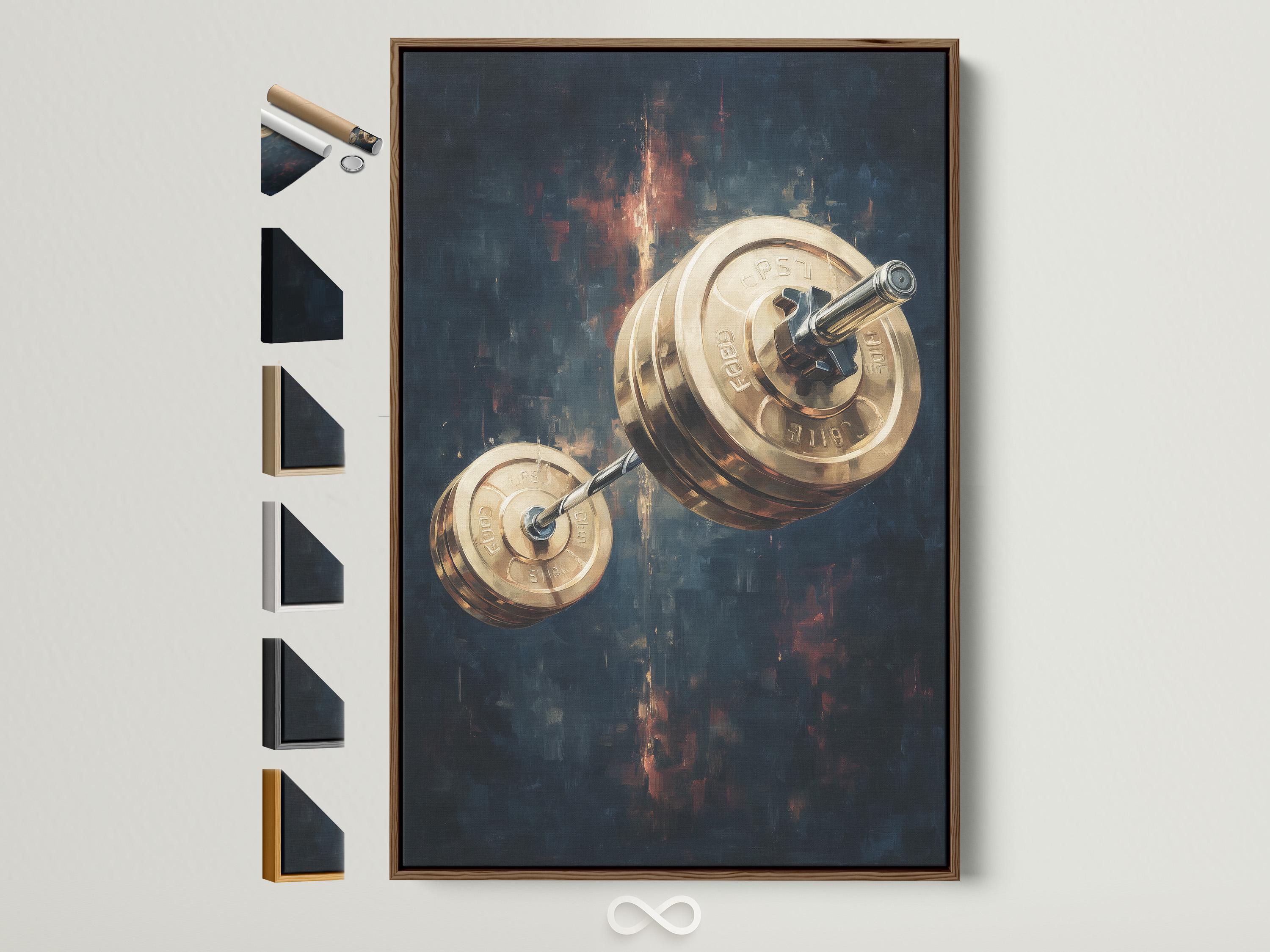 A man standing near a framed gold barbell artwork in a gym-like interior