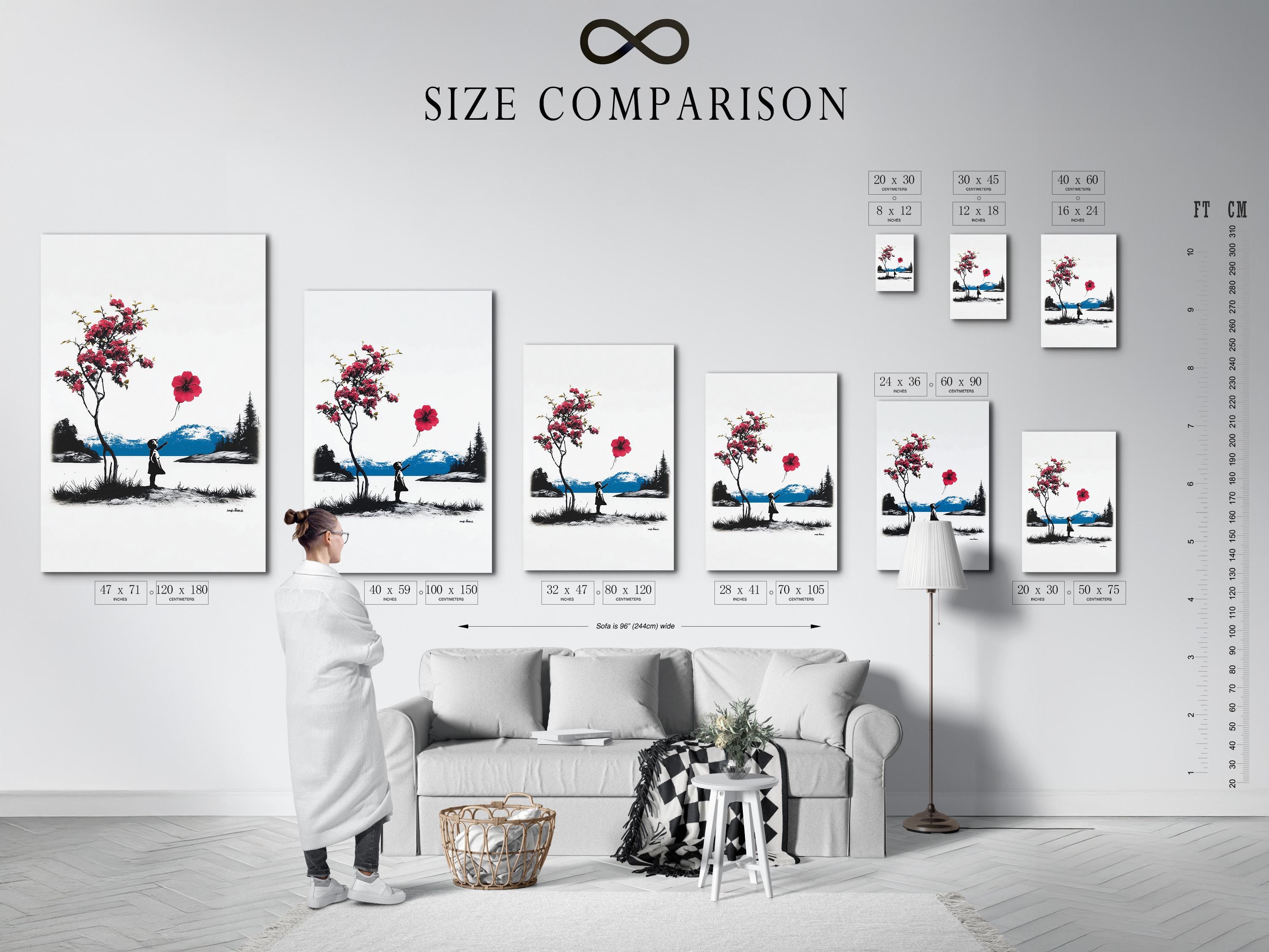 Room mockup showing a framed artwork of a silhouetted girl holding a red balloon in a black-and-white landscape