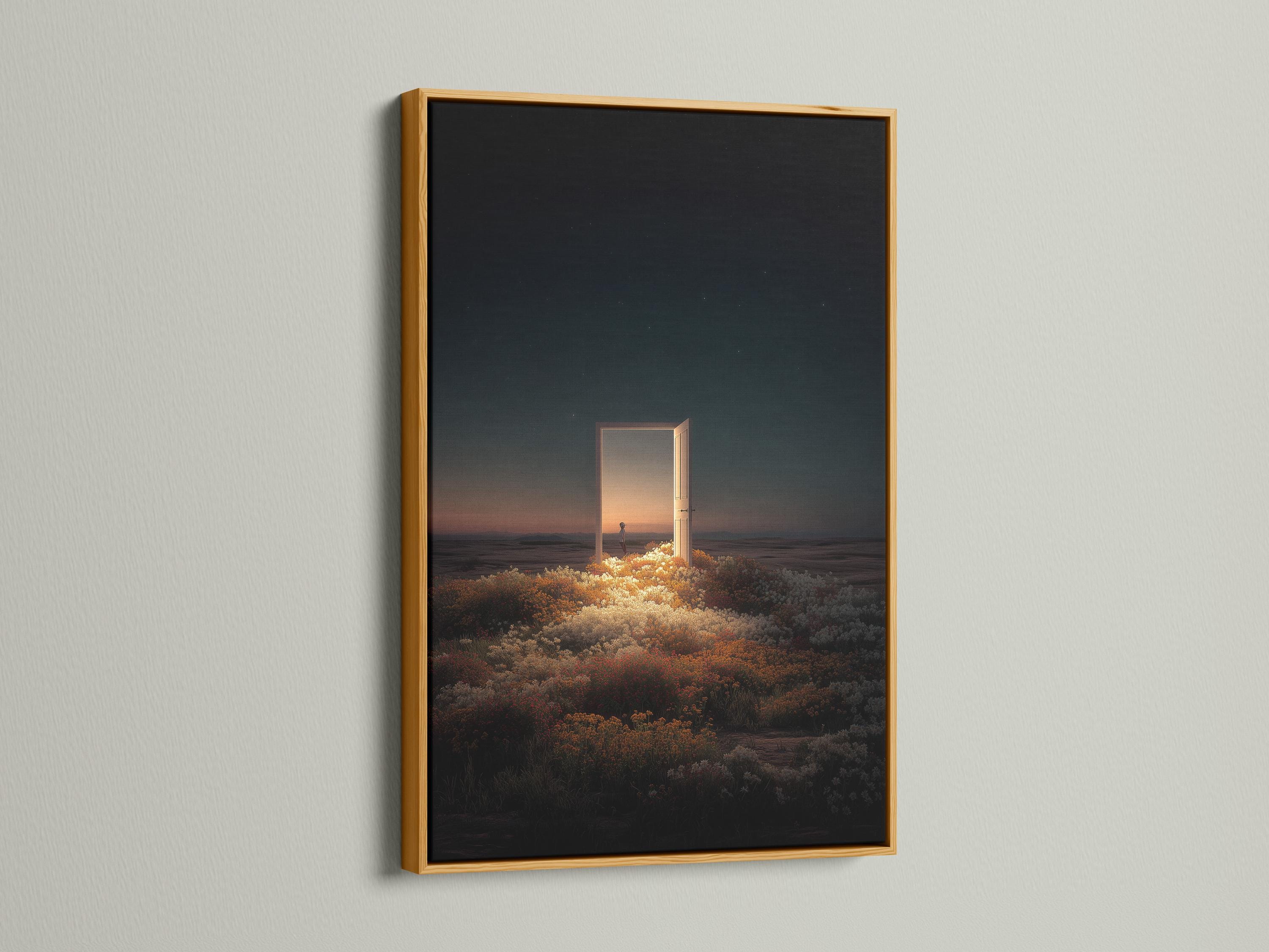 Room mockup showing a framed night seascape with a glowing doorway opening and starry sky