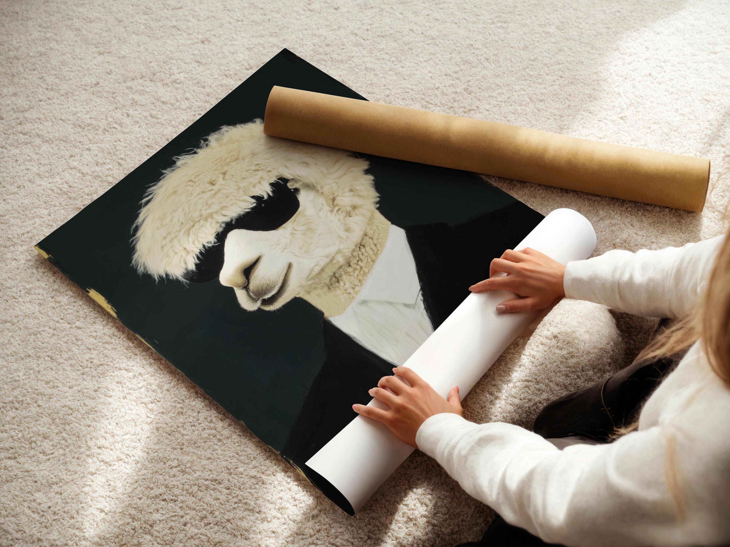 Room mockup showing a framed alpaca portrait artwork with cream fur and a dark suit