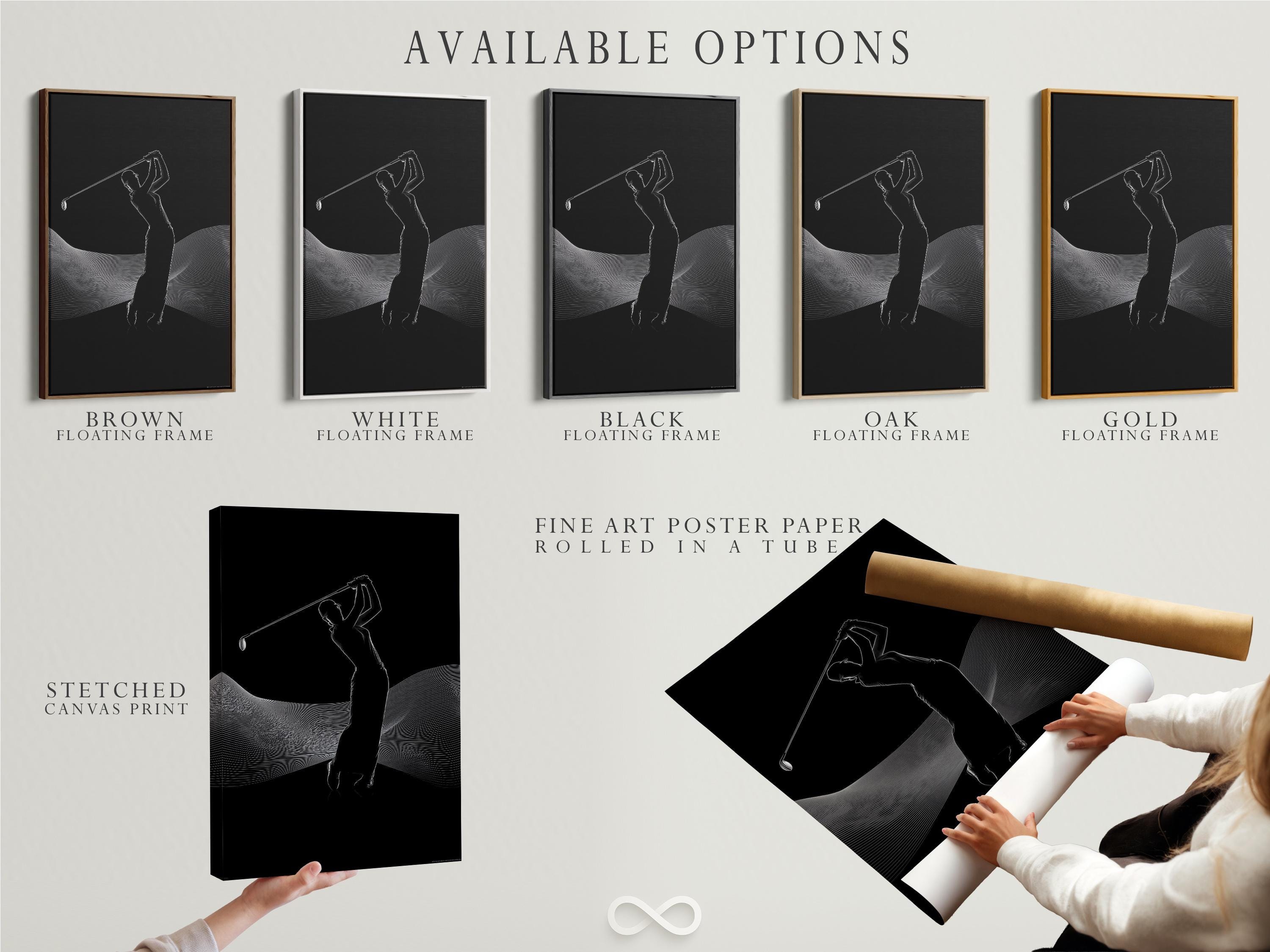Black and white line art of a golfer silhouette mid-swing with curved contour lines detail view