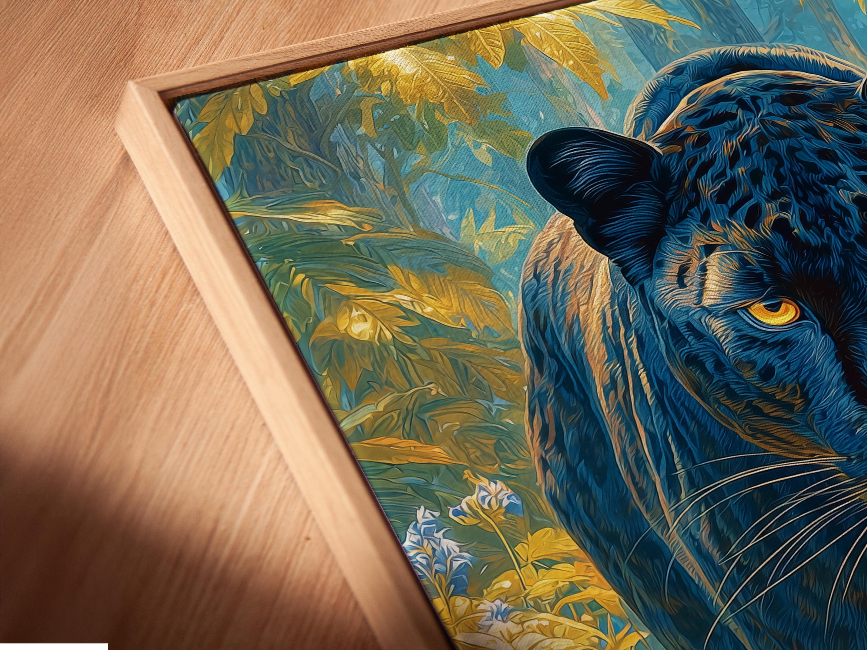 Stylised big cat with glowing golden eyes in a blue and gold jungle scene detail view