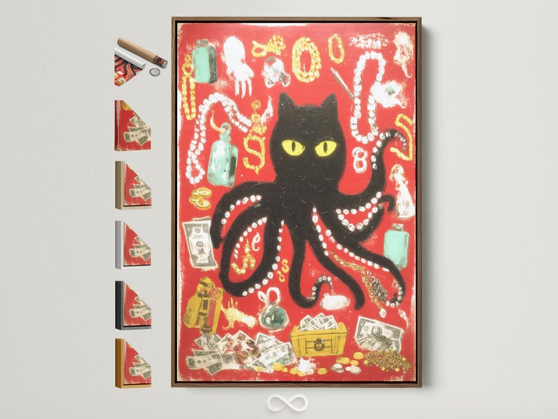 Black cat with yellow eyes in a red octopus-like animal collage with gold and bead-like details