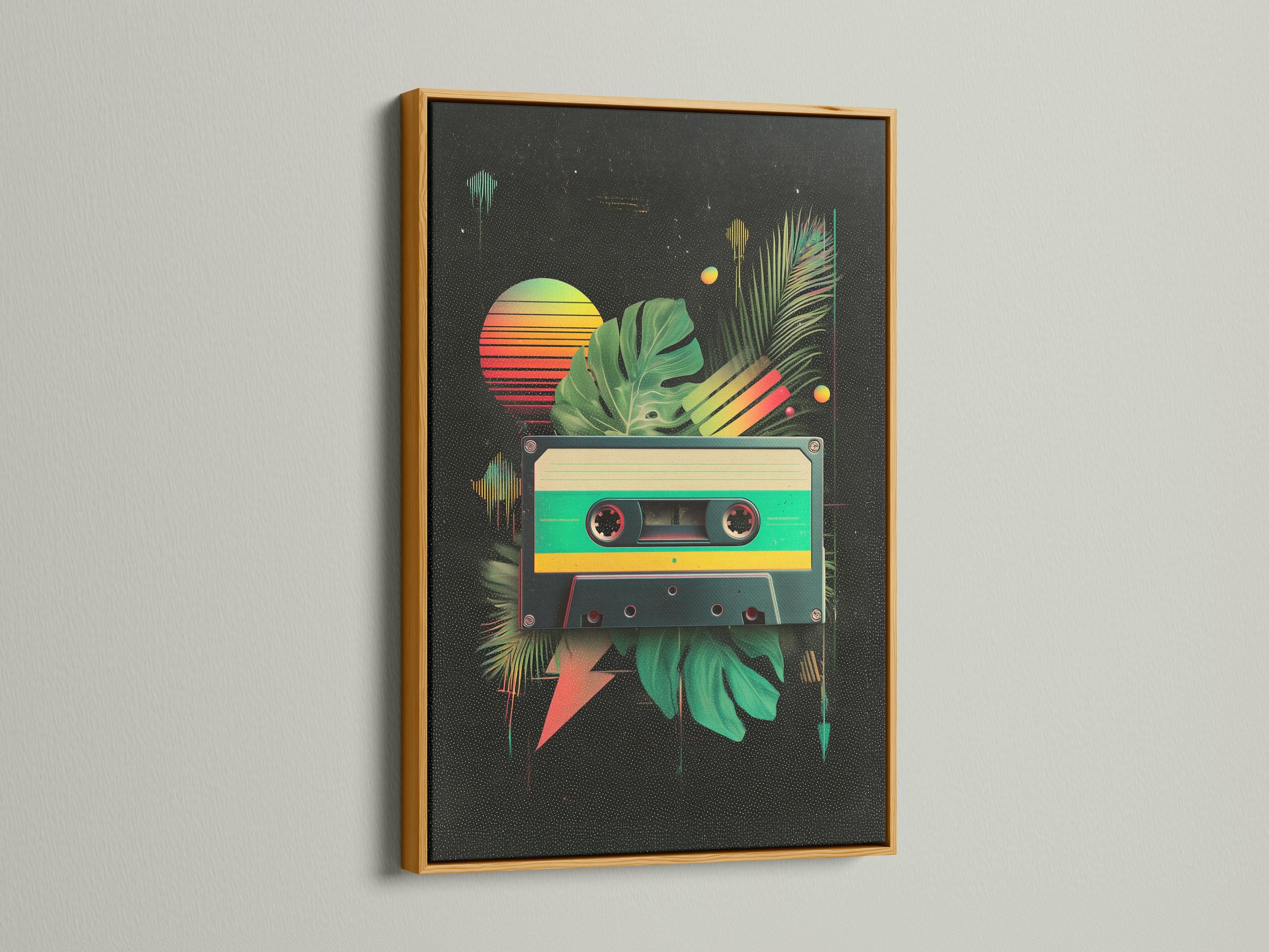 Retro cassette tape with tropical green leaves, neon stripes and floating orbs on a dark speckled background detail view