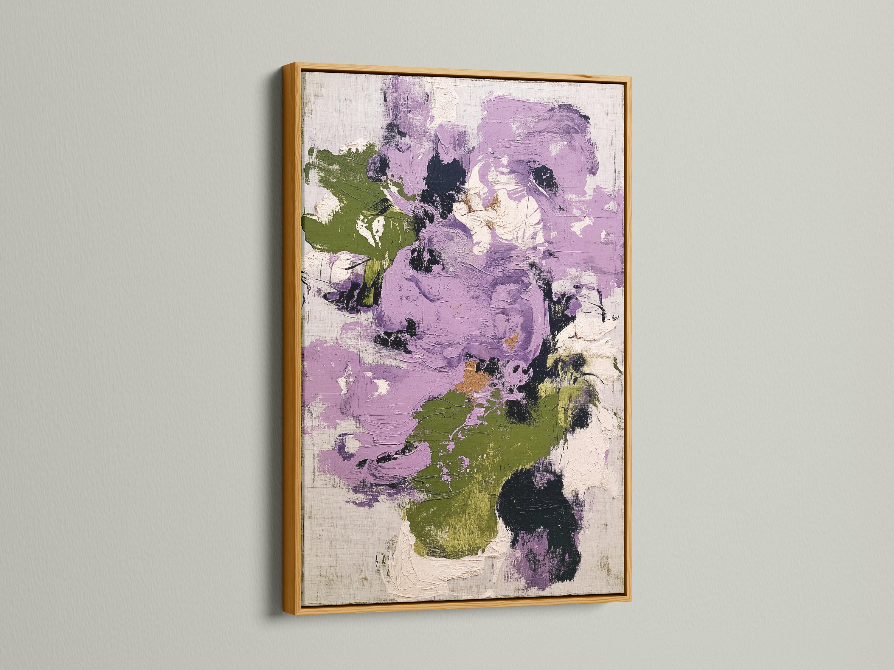 Abstract floral artwork with lilac and purple shapes, muted green accents and textured brush marks detail view