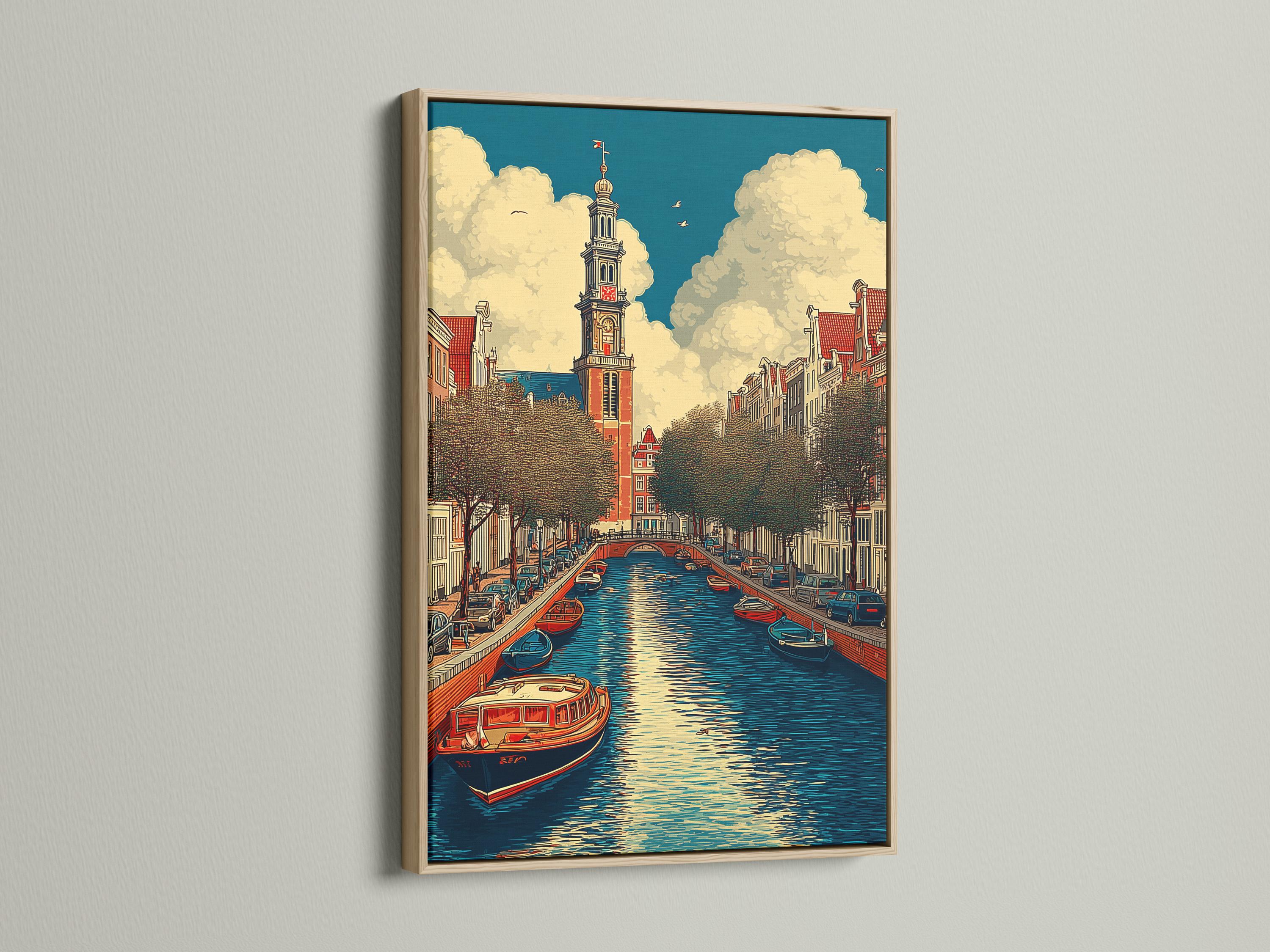 Stylised canal cityscape with boats, red-roofed buildings and a central tower under clouds detail view