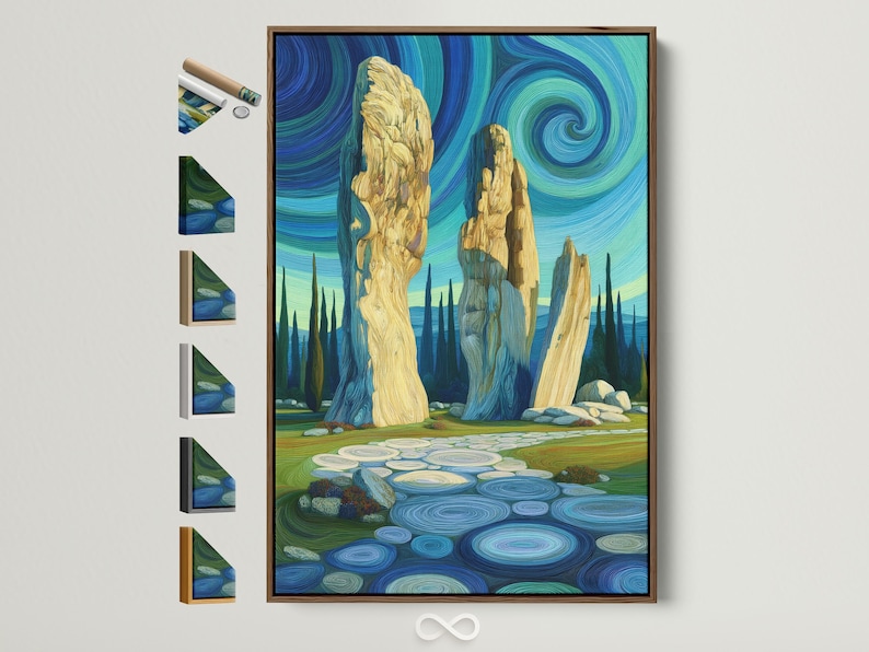 Stylised stone pillars landscape with swirling blue sky and ripple-textured ground