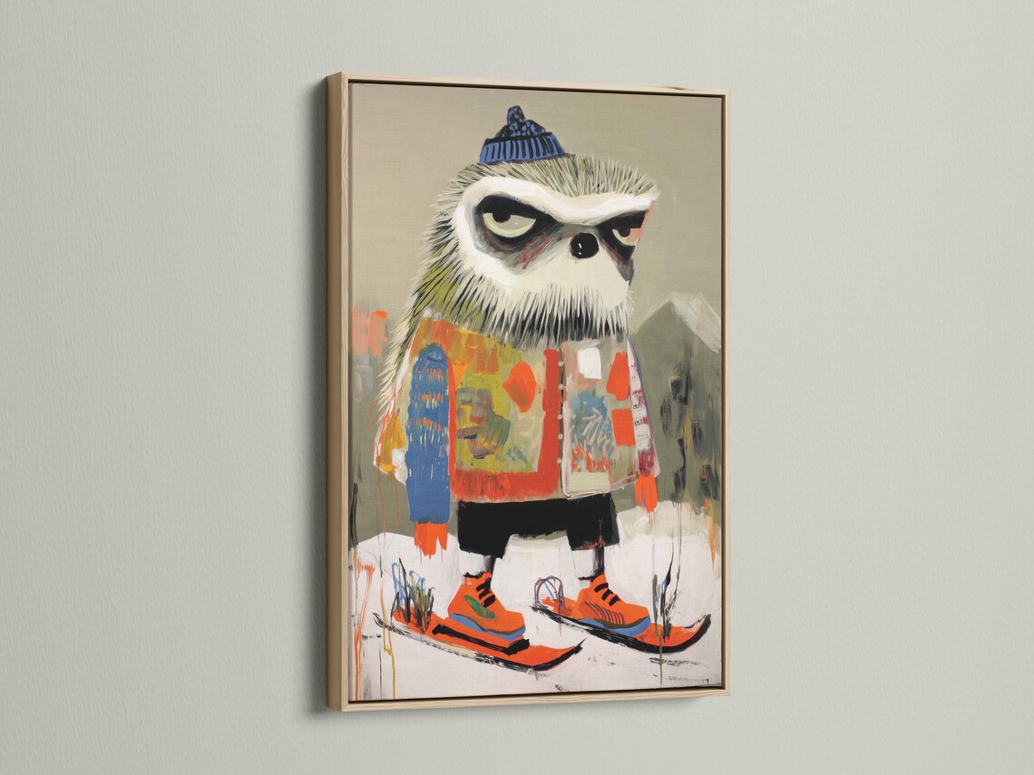 A stylised animal figure wearing a winter knit hat and skis is shown in a loose, painterly style with bright orange and blue accents detail view