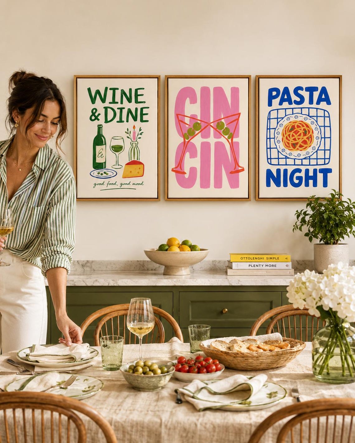 Set of three framed kitchen typography panels: Wine & Dine, Cin Cin and Pasta Night detail view