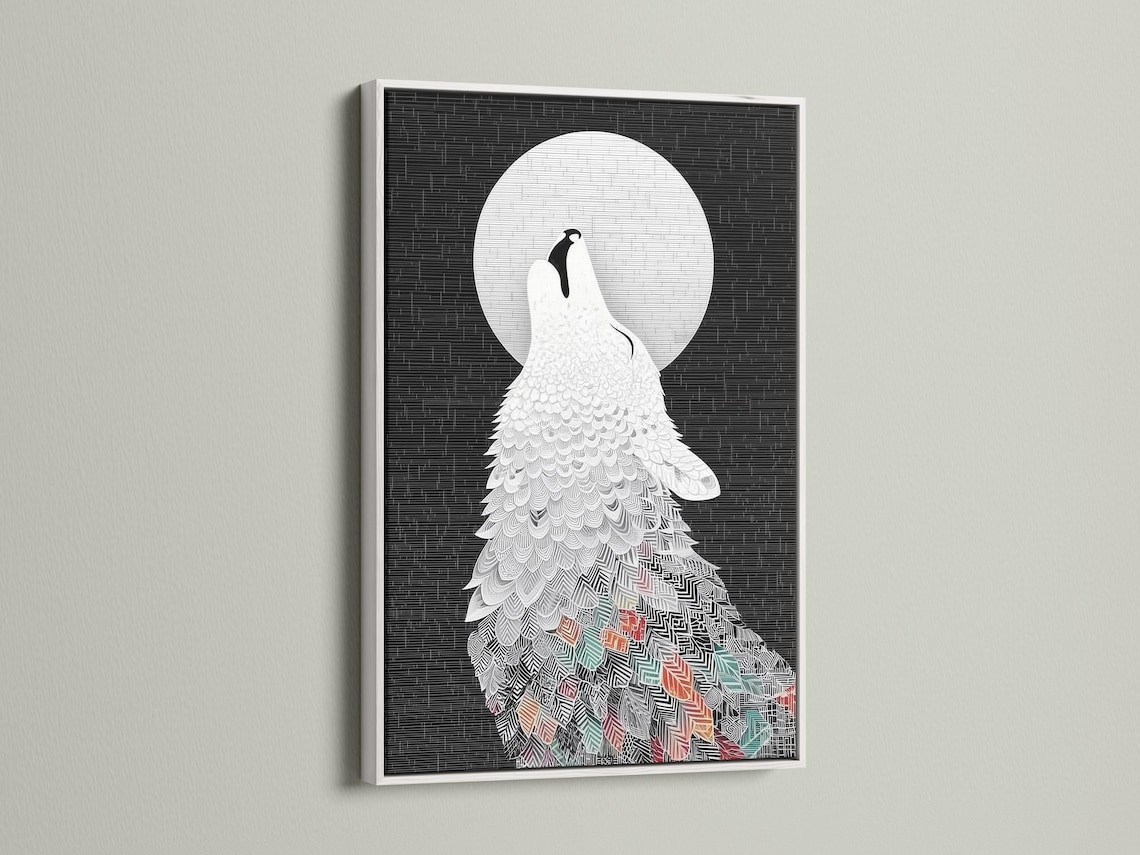 Room mockup showing framed wolf howling at moon artwork