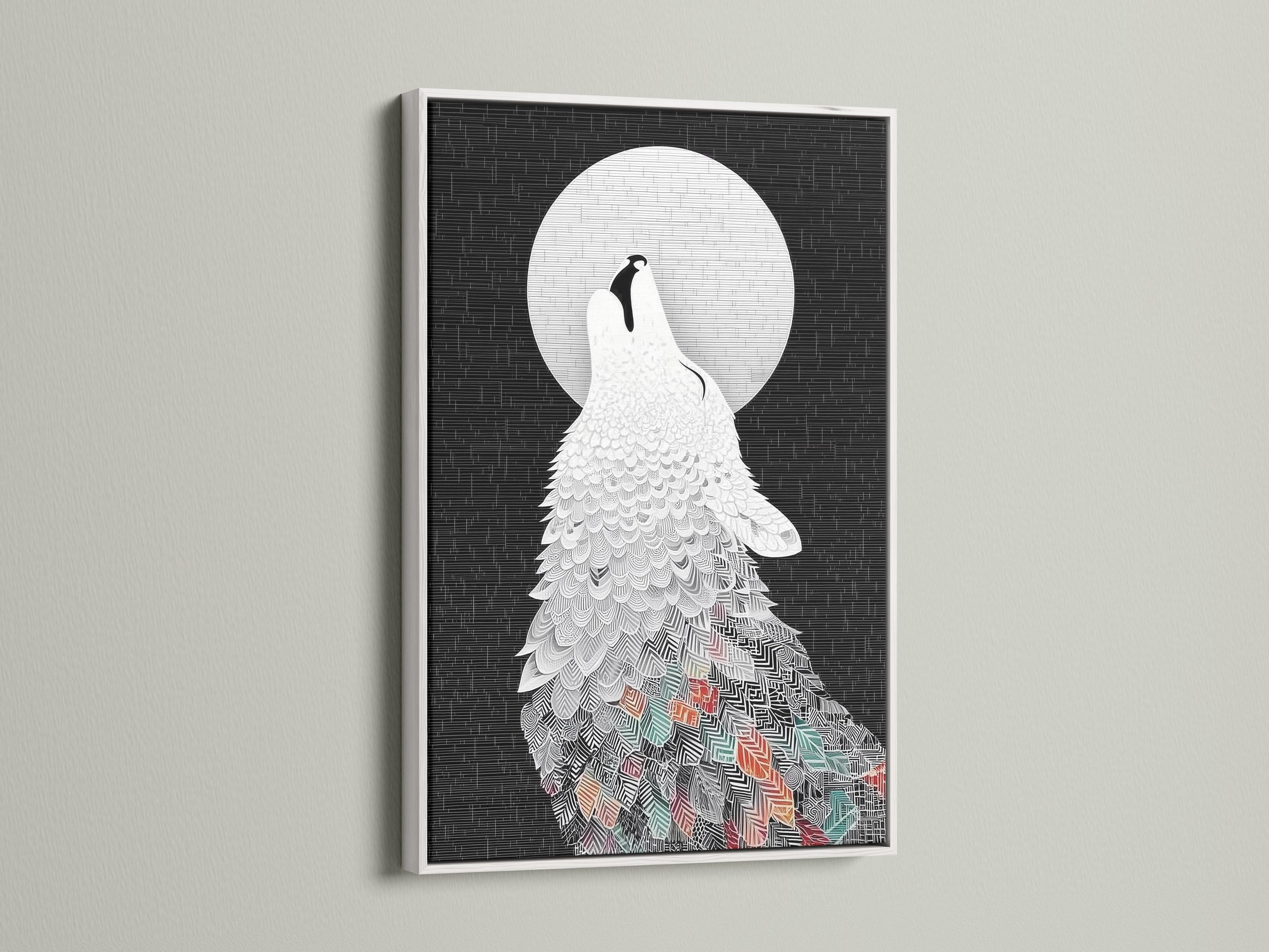 Room mockup showing framed wolf howling at moon artwork