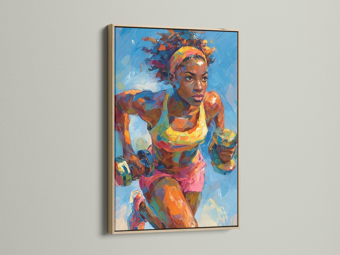 Stylised athlete in a boxing-style pose with vivid orange, pink and teal colours on a blue background detail view