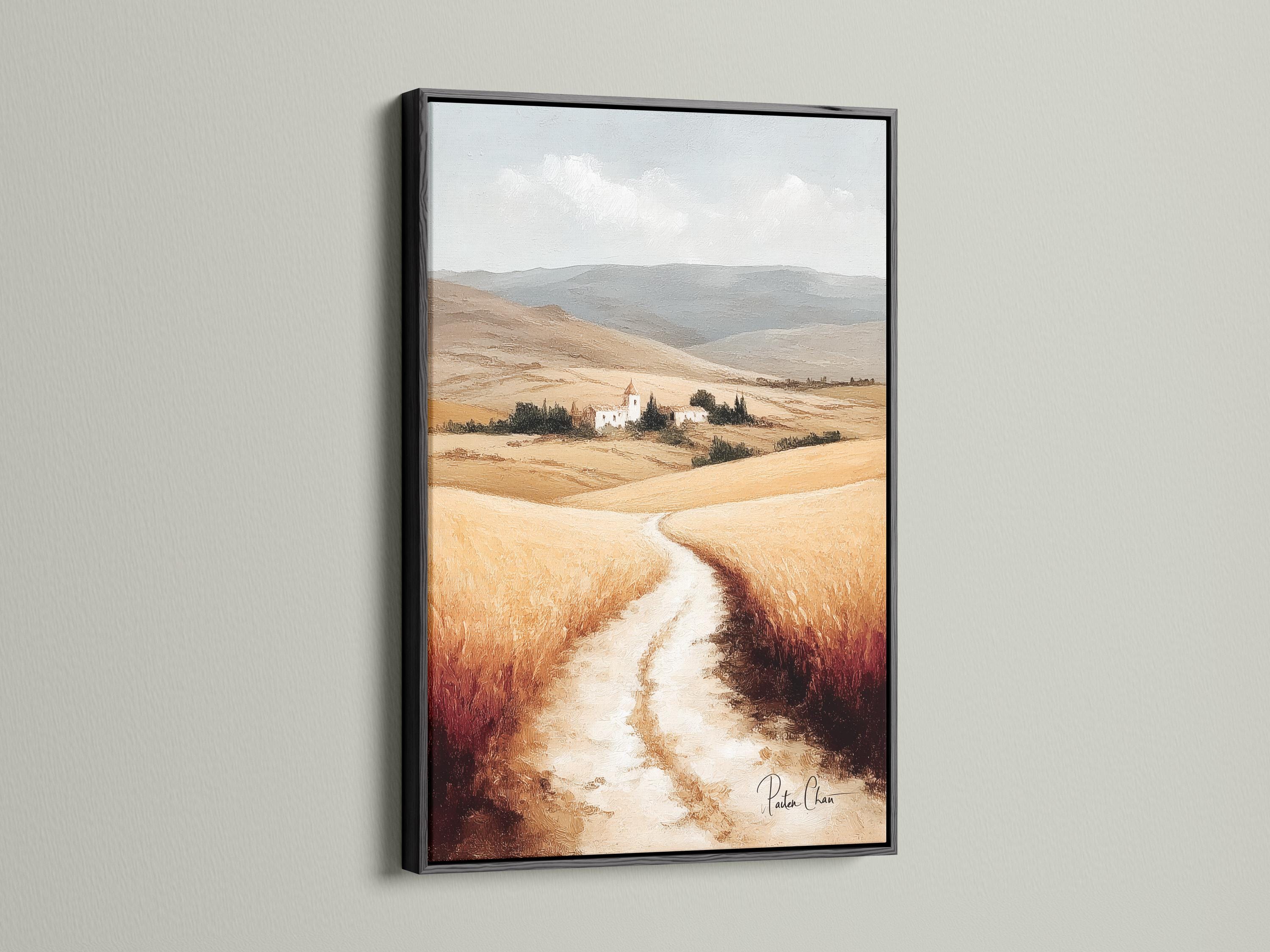 Painterly countryside landscape with a winding path, rolling hills and a small farmhouse with a bell tower detail view
