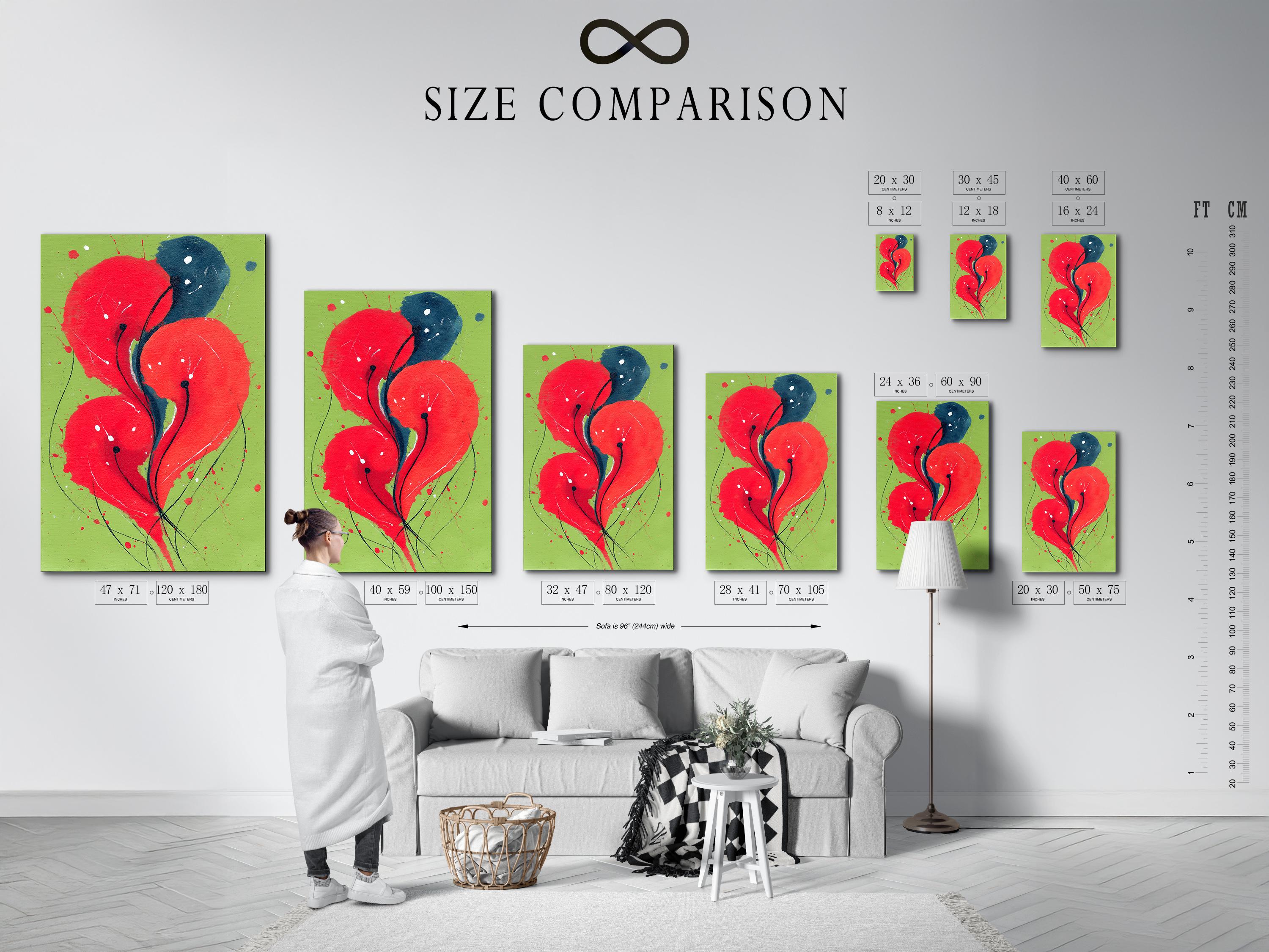 Abstract floral artwork with red blooms and deep blue petals on a lime green background detail view