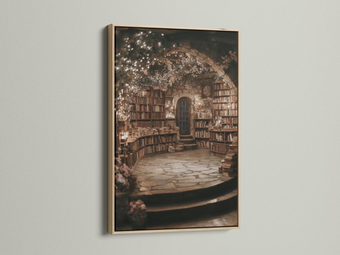 Portrait view of a warmly lit vintage library interior with bookcases and golden sparkles detail view