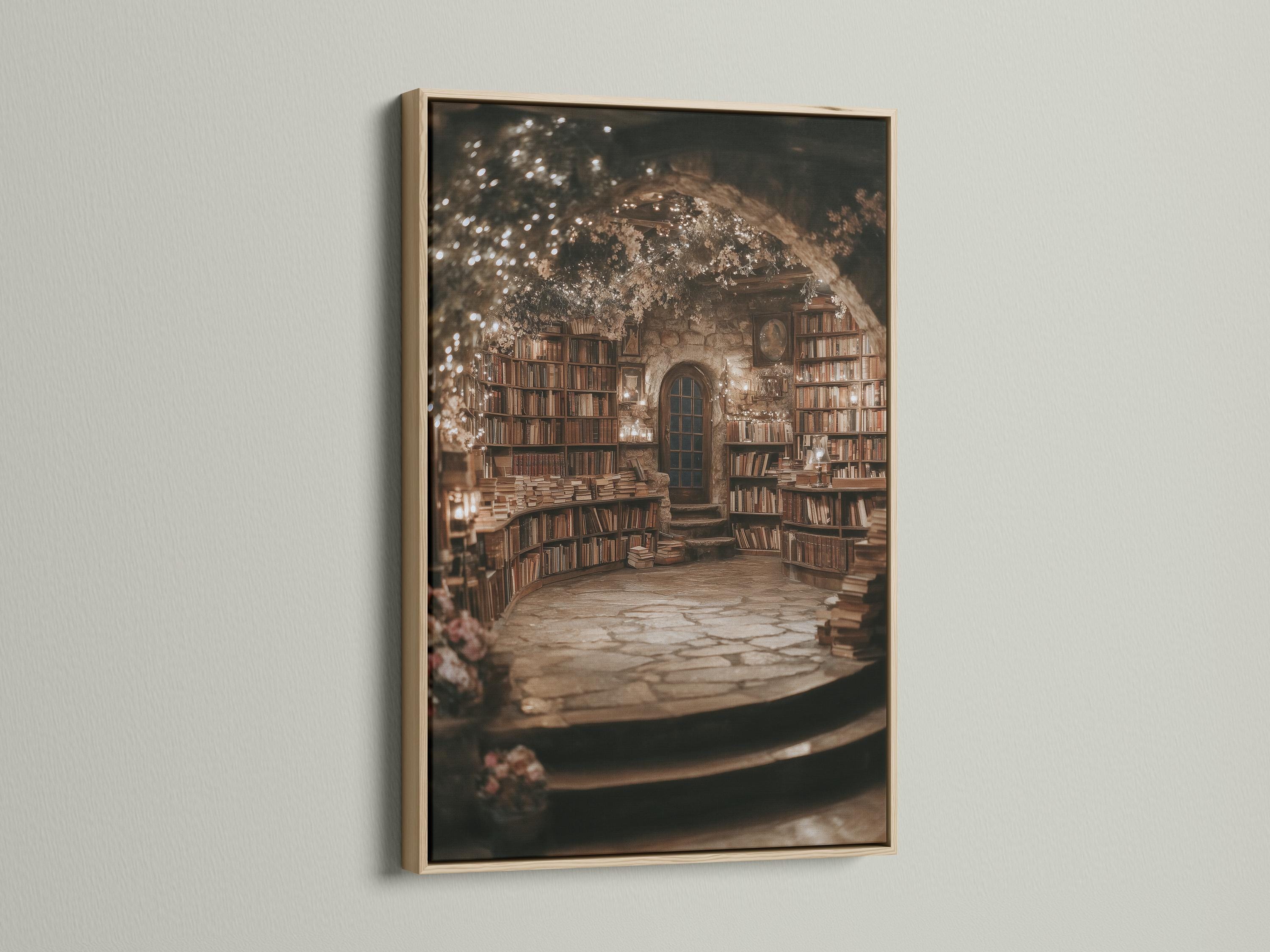 Portrait view of a warmly lit vintage library interior with bookcases and golden sparkles detail view