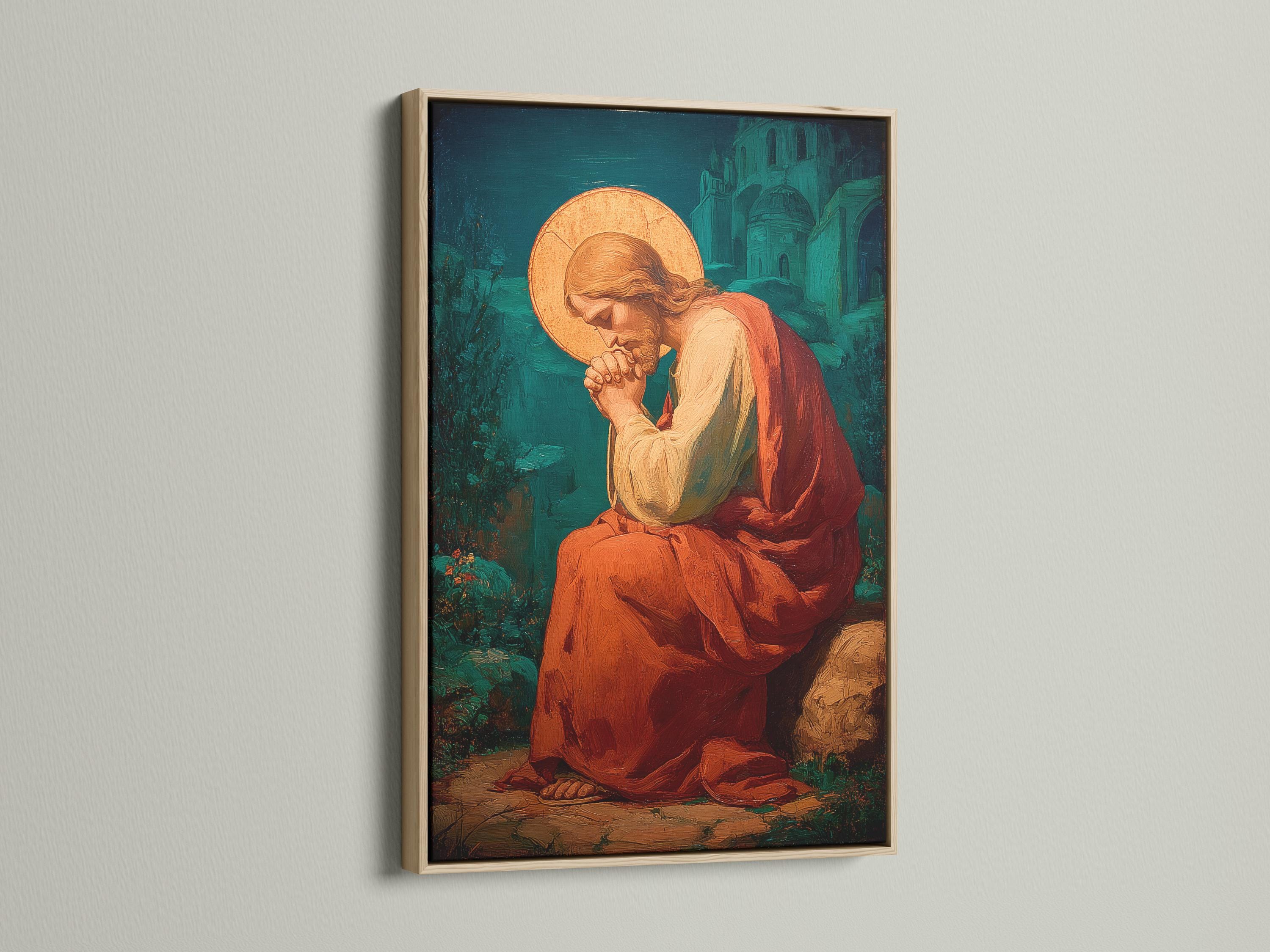 Wall mockup showing a framed painting with a praying figure and gold halo on a beige wall
