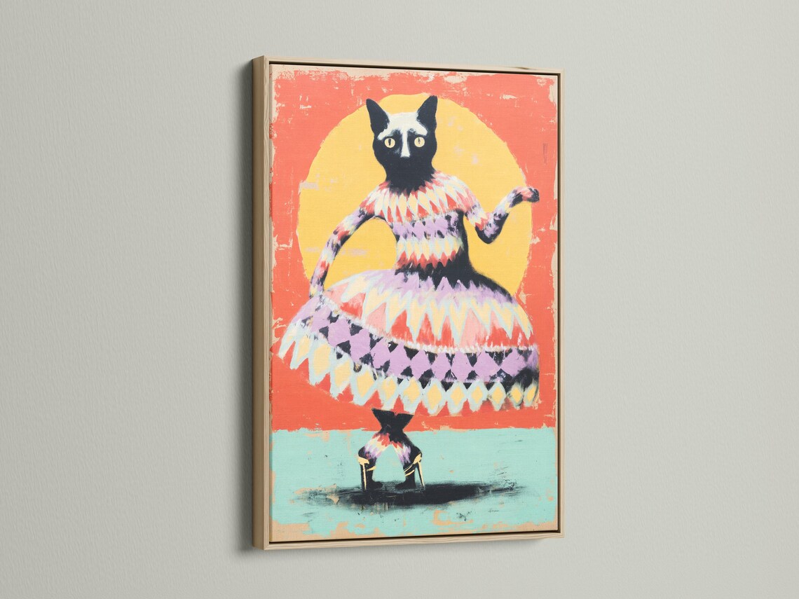 Cat artwork in a framed mockup on a wall with additional frame variations